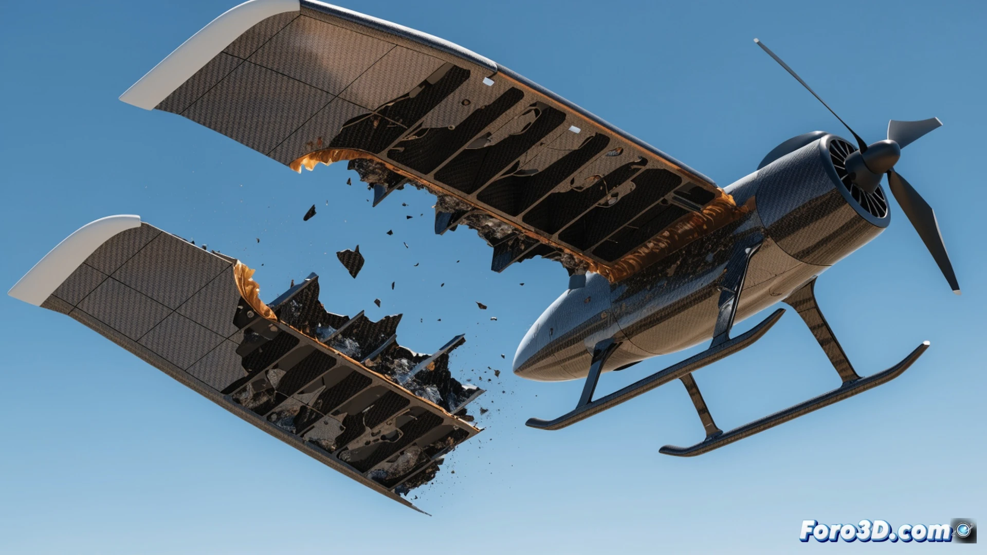 Dron agrícola de ala fija en vuelo, ala derecha desprendiéndose en el aire mientras fibras de composite se rompen, sección de unión expuesta mostrando resina fracturada con burbujas de polimerización incompleta, cámara de mapeo girando bajo el fuselaje, suelo de cultivos visible abajo, estilo cinematic engineering visualization, iluminación natural de atardecer, contraste entre ala cayendo y dron desestabilizándose, textura rugosa de resina fallida, metales y composites brillando, photorealistic technical render, desenfoque de movimiento en hélices