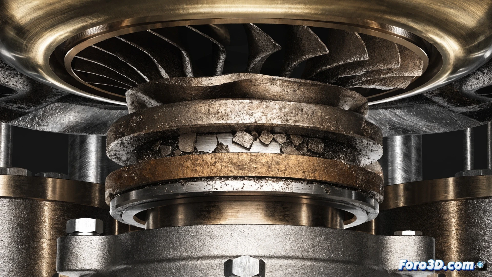 Turbocompresor seccionado mostrando cojinete de empuje gripado durante fallo por falta de aceite, superficie metálica con marcas de desgaste por fricción y decoloración térmica, aceite residual carbonizado alrededor del cojinete, modelo CAD 3D en pantalla de monitor con software PolyWorks y Autodesk Fusion realizando análisis de reconstrucción digital del fallo, ingeniero señalando zonas críticas en la simulación, iluminación industrial fría, render fotorrealista estilo visualización técnica de ingeniería, alta definición de texturas metálicas y detalles microscópicos de desgaste