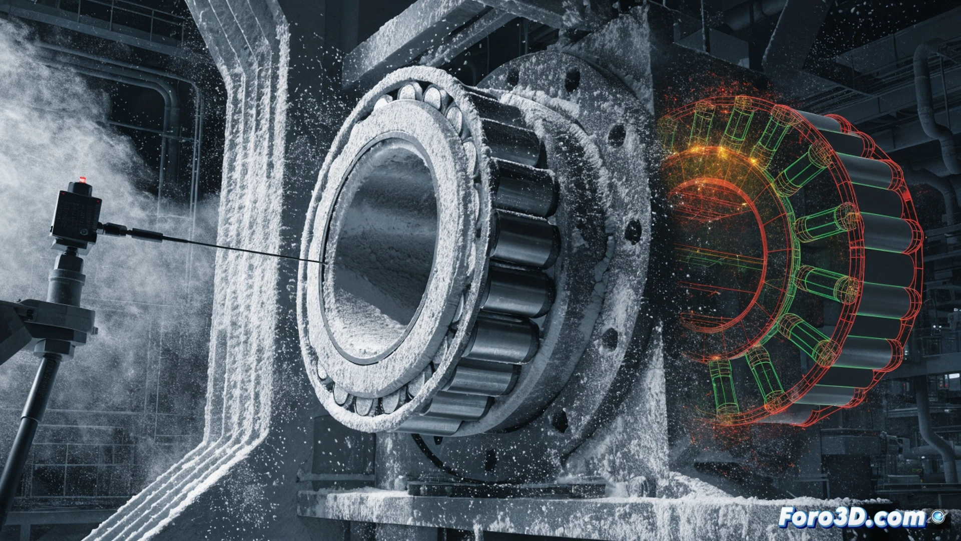 Photorealistic technical illustration of a failed rotary actuator in an aggregate plant, cross-section view showing ultrafine silica dust infiltrating and jamming a ball bearing, cracked metallic housing under stress, dust particles suspended in air entering the mechanism, simulation overlay of Ansys stress contours in red and orange on the bearing race, Mitutoyo MCOSMOS measurement probe scanning the damaged surface, gritty industrial environment with conveyor belt and stone dust in background, harsh workshop lighting highlighting wear debris and polished fracture surfaces, ultra-detailed mechanical engineering visualization