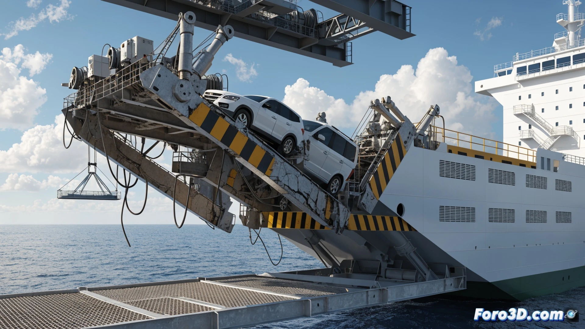 hydraulic car ramp mid-collapse on a ro-ro vessel, steel hinge points showing fatigue cracks and fractured metal surfaces, hydraulic fluid leaking from a ruptured cylinder, a vehicle partially tilted on the ramp, dockworkers stepping back in alarm, inspection tools and a tablet with structural analysis software on the deck, cinematic engineering visualization, dramatic low-angle shot, cold industrial lighting, metallic reflections, photorealistic technical render