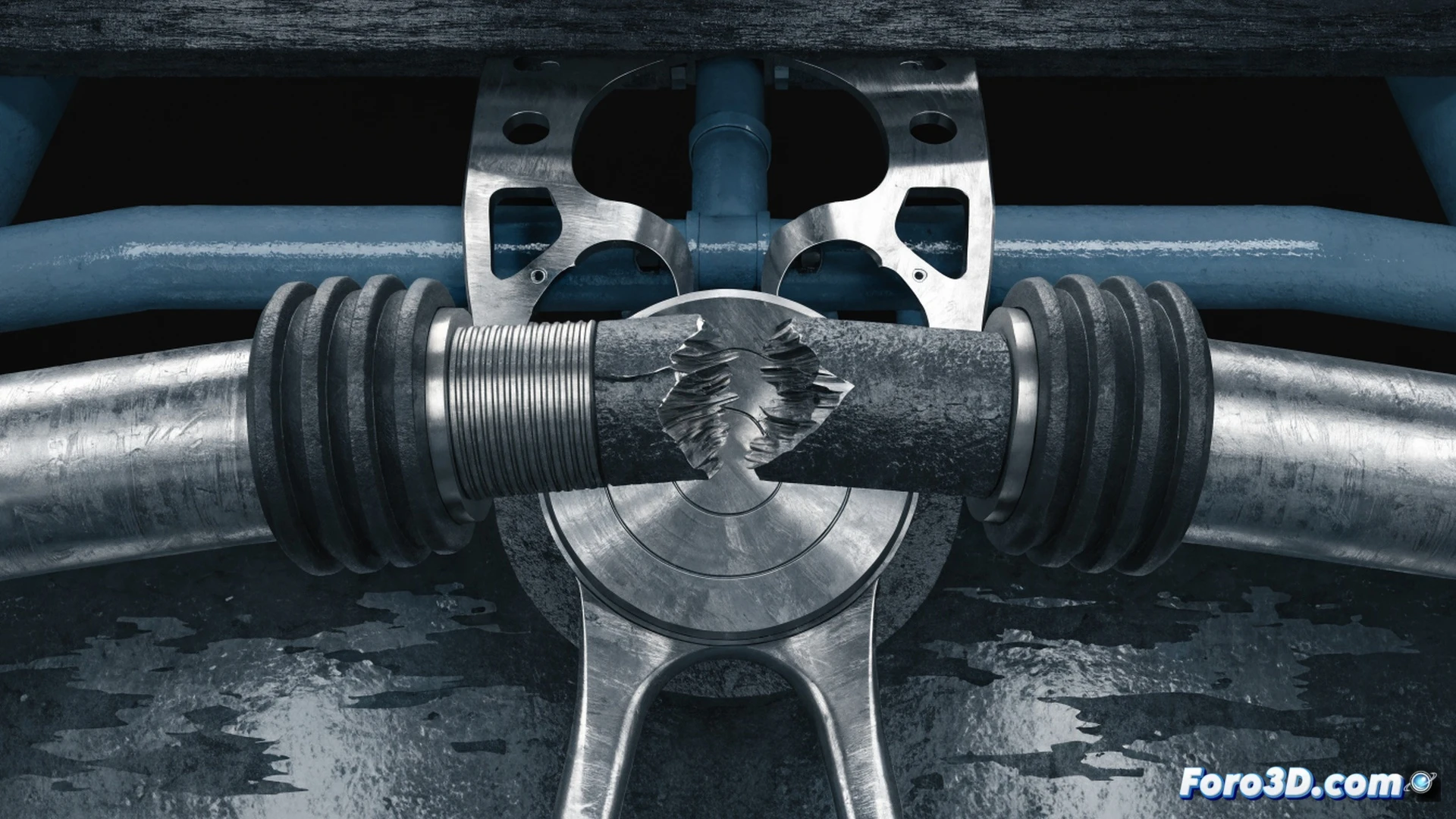 engineering visualization of a flume ride braking zone, a broken guide wheel pin fractured by torsional fatigue, cracked metal surface showing spiral shear lines and granular texture, detached wheel resting on wet fiberglass track, tools like a torque wrench and inspection camera nearby, water droplets splashing during sudden stop, cinematic lighting with dark metallic reflections, photorealistic technical illustration, ultra-detailed fracture surface analysis, dramatic industrial atmosphere