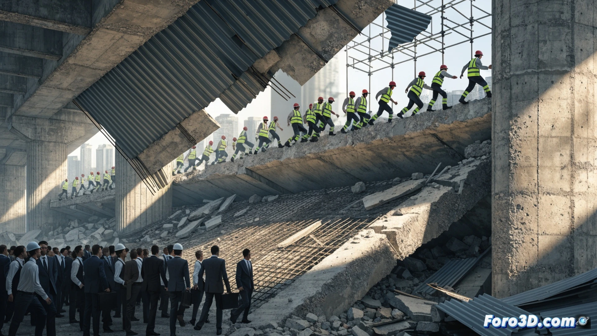 collapsing public bridge during inauguration ceremony, concrete pillars cracking under stress, steel reinforcement bars snapping with visible tension fractures, construction workers running away from falling debris, red warning flags tied to unstable support beams, forensic engineering inspection tools scattered on ground, photorealistic technical illustration, dramatic overcast sky lighting, dust particles suspended in air, ultra-detailed concrete texture with spiderweb cracks, cinematic wide-angle perspective, structural failure analysis visualization