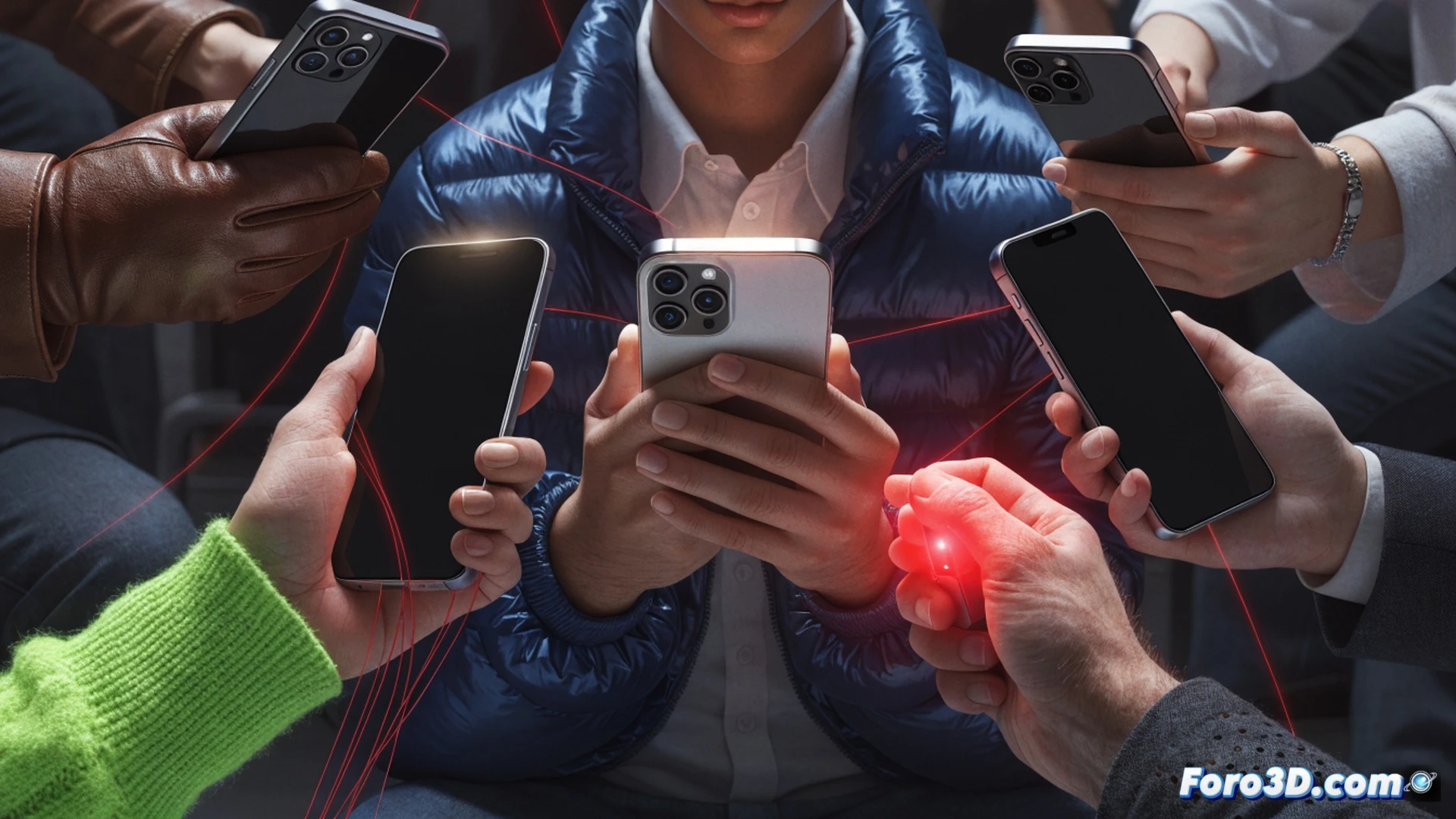cinematic scene of a crowded subway car, a hacker in a dark hoodie sitting near a victim, holding a modified smartphone with a glowing antenna, a red warning symbol appearing on the victim’s phone screen during a failed AirDrop transfer, nearby devices showing frozen screens with error glitches, digital padlock icons breaking apart mid-air, technical illustration style, dramatic low-angle shot, cold blue and red neon lighting reflecting on train windows, ultra-detailed smartphone screens, photorealistic render