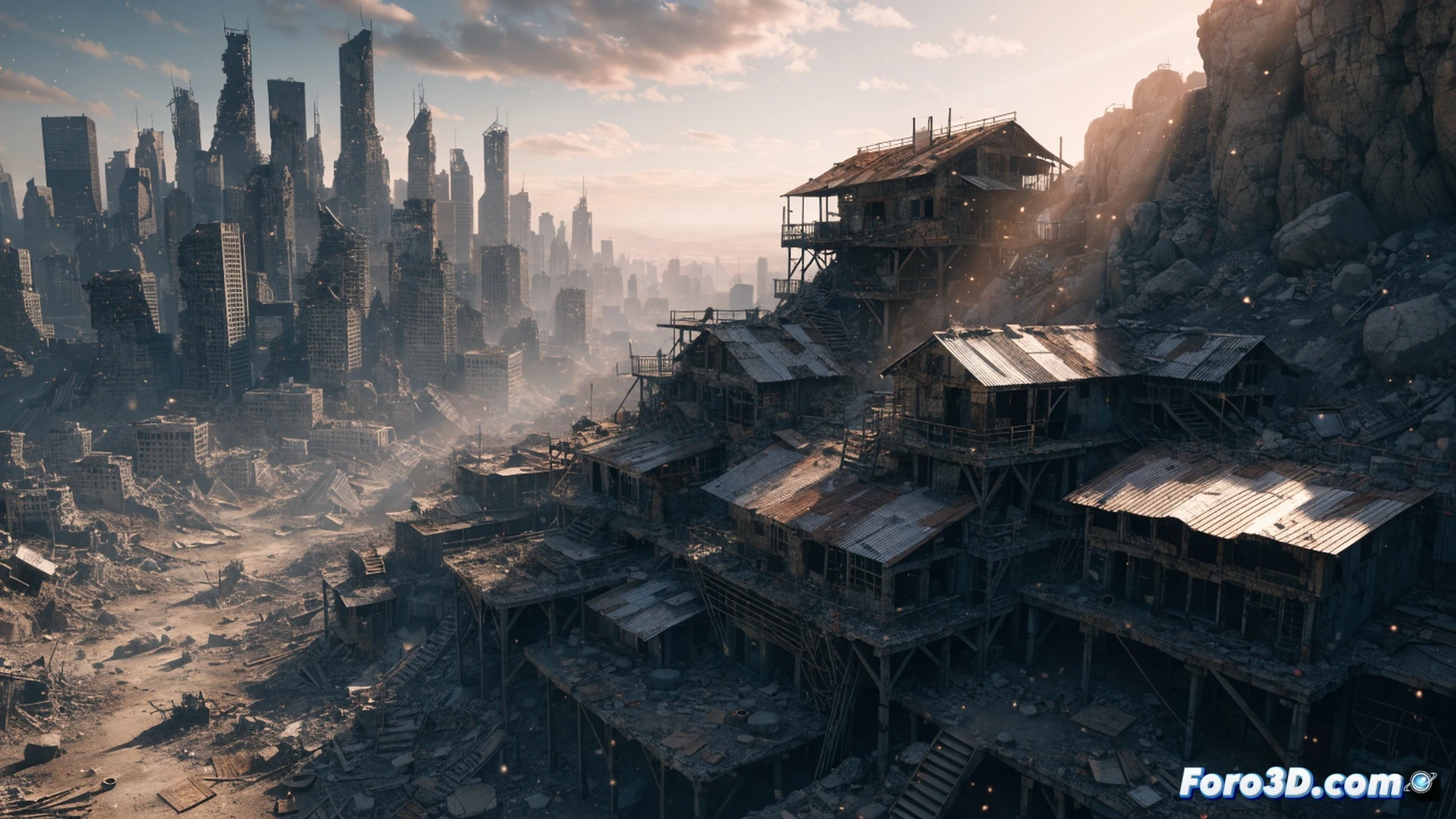 Post-apocalyptic wasteland scene, dense radioactive dust particles floating in harsh sunlight, Vault-Tec ruins with advanced parallax occlusion mapping showing cracked concrete and rusted metal, scavenger building a shelter from scrap metal and wooden planks, new physics engine causing debris to shift and collapse realistically, improvised structures with visible weld points and uneven supports, cinematic photorealistic technical illustration, dramatic volumetric lighting, dust motes catching light, ultra-detailed terrain textures, gritty industrial atmosphere