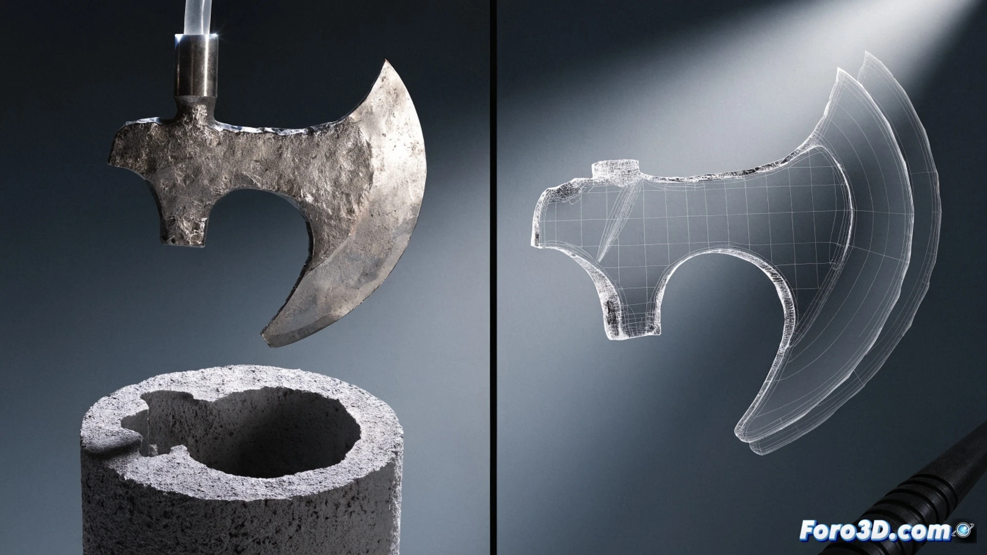 Bronze axe being cast inside a vacuum chamber, molten metal flowing into a 3D-printed mold under low pressure, cooling pattern forming with visible grain structure, a 3D scanner capturing the finished axe surface, computer monitor displaying VGSTUDIO MAX software with cross-sectional analysis, MeshLab point cloud data processing on a second screen, engineering visualization style, photorealistic technical render, cold metallic lighting, workshop environment with industrial casting equipment, extreme detail on tool marks and metal texture
