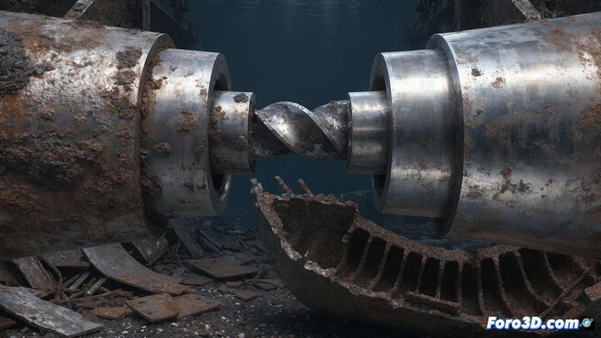 corroded marine swivel link breaking under cyclic tensile load, saltwater spray misting across fractured steel surface, fatigue crack propagation visible through scanning electron microscope simulation, 3D engineering software interface showing stress distribution heatmap on deformed component, metallic debris particles flaking off during failure, dark industrial offshore environment, dramatic side lighting on rusted fracture zone, photorealistic technical illustration, cinematic depth of field, ultra-detailed grain structure corrosion pitting