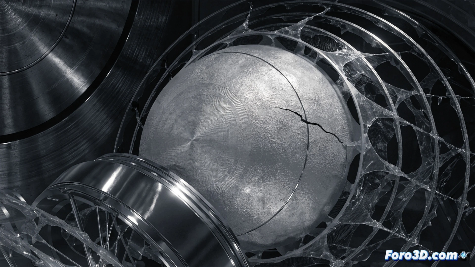 A laboratory environmental chamber interior during catastrophic failure, a large curved metal wall panel buckling inward with a visible hairline crack propagating across its surface, microscopic fatigue origin point glowing orange from stress concentration, surrounding bolted flanges and pressure seals showing deformation, cracked glass viewport with spiderweb fractures, scattered calibration instruments and pressure gauges on the floor, dramatic side lighting highlighting metal grain structure and fracture surface, dust particles suspended in air, cinematic technical illustration, photorealistic engineering visualization, ultra-detailed metallic textures, industrial harsh shadows, frozen moment of structural collapse