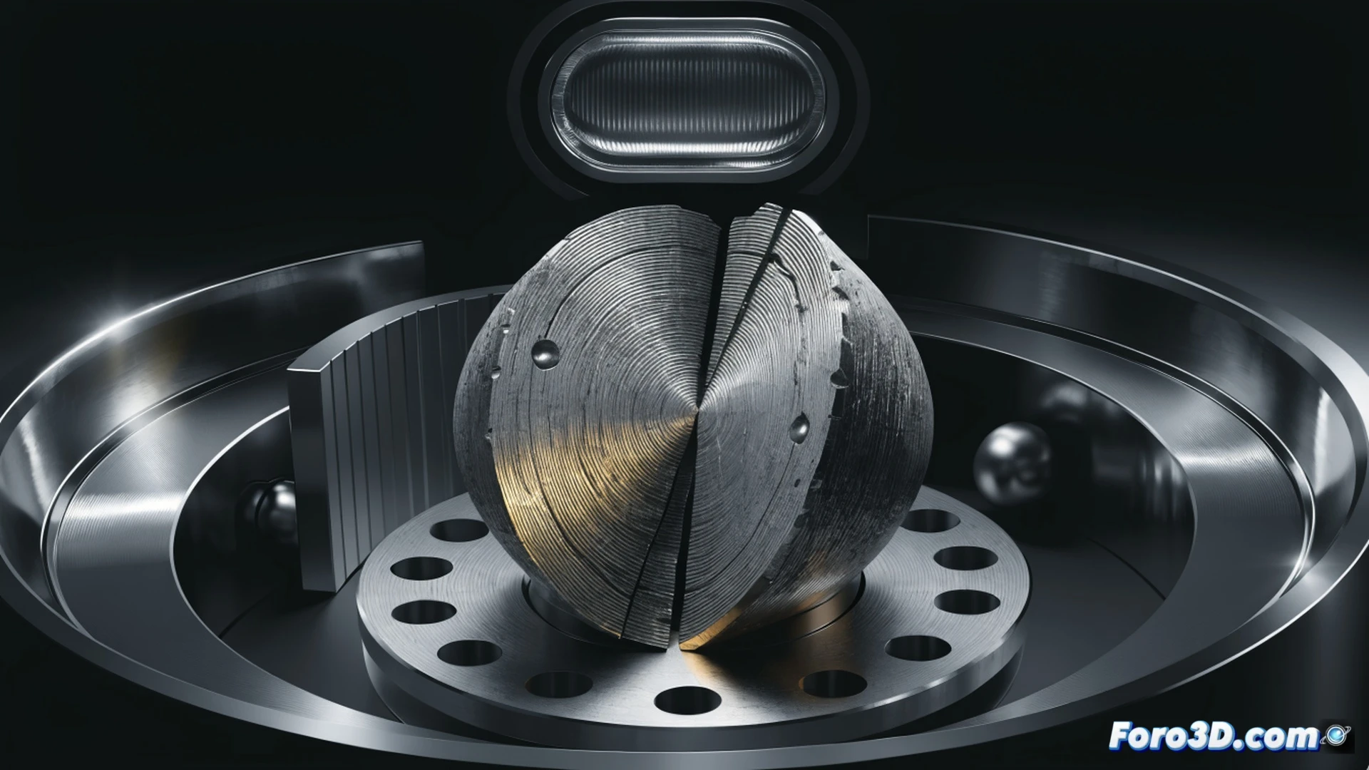 cross-section of a mechanical heart valve showing carbon pyrolytic pivot mechanism, microscopic crack propagation line forming inside the pivot during high-cycle fatigue failure, valve leaflets in mid-open position while stress simulation software interface displays millions of cycle data on a monitor beside the valve, scanning electron microscope image of fracture surface in background, technical engineering visualization with metallic grey carbon texture, glowing red crack tip detail, ultra-realistic material wear patterns, precise mechanical shading, dramatic dark background with focused spotlight on pivot area, photorealistic medical device render