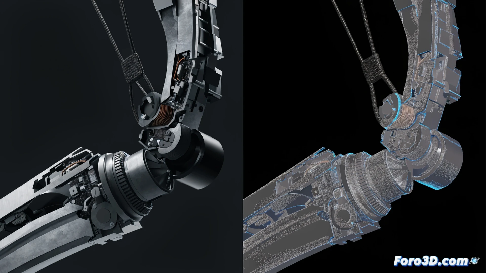 industrial robotic archery arm mid-fracture during high-cycle fatigue test, metallic robot arm with visible stress cracks propagating through welded joint, high-speed camera setup capturing the moment of structural failure, 3D photogrammetry scan points floating around the broken component, LS-DYNA simulation overlay showing red stress concentration zones on the arm surface, scattered carbon fiber arrow shafts and broken mechanical linkages on workshop floor, cinematic engineering visualization, dramatic side lighting highlighting crack propagation lines, ultra-detailed metallic textures with fatigue striations, photorealistic technical render