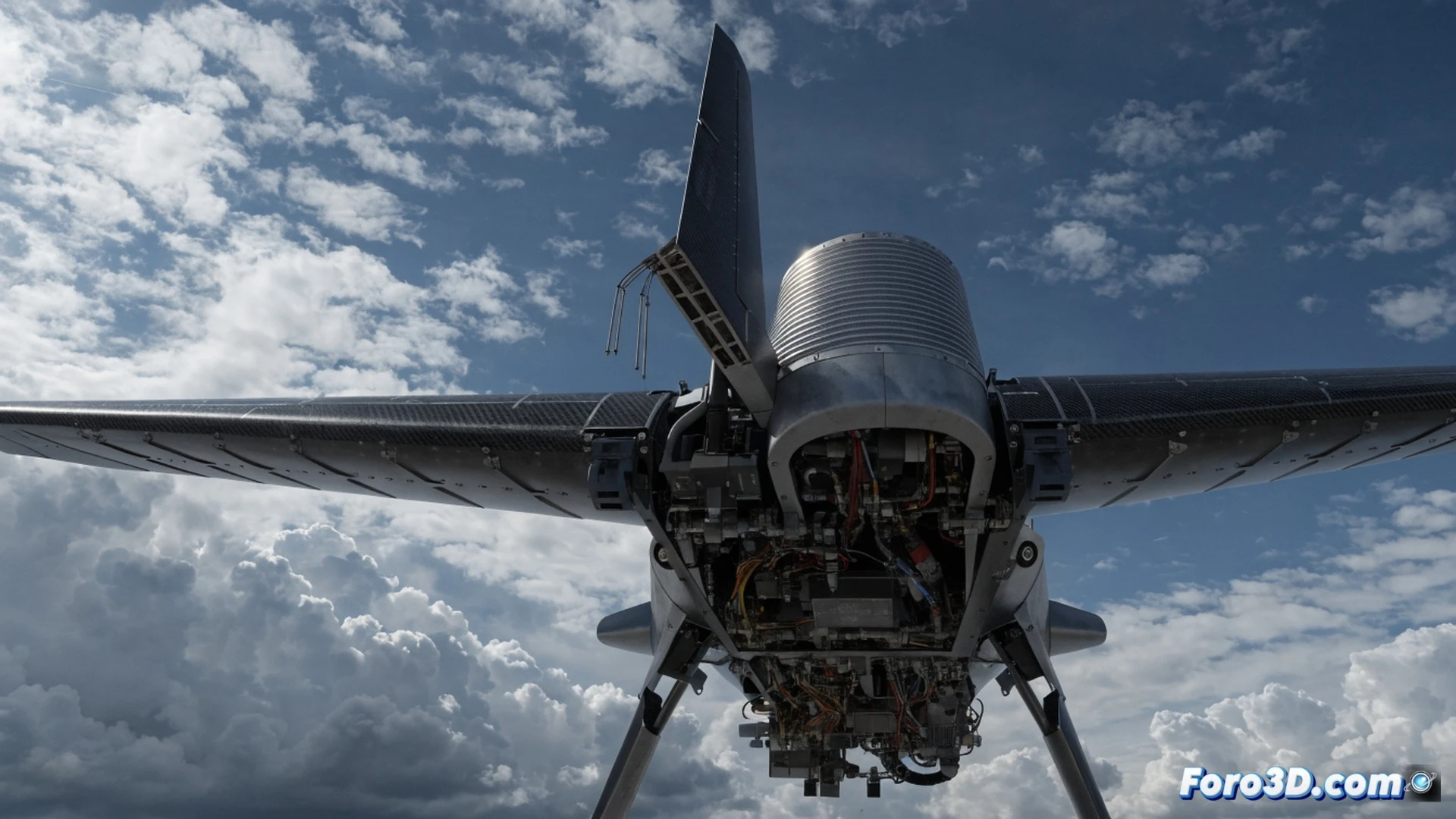 Close-up cinematic engineering visualization of a border surveillance drone in mid-flight, the vertical stabilizer detaching from the fuselage, fractured duralumin support mount exposed with visible fatigue crack lines and granular failure surface, metallic debris particles flying away during separation, drone body tilting sharply under aerodynamic imbalance, blurred background of desert border terrain, dramatic side lighting highlighting the metallic fracture and stress marks, ultra-detailed mechanical failure, photorealistic technical illustration