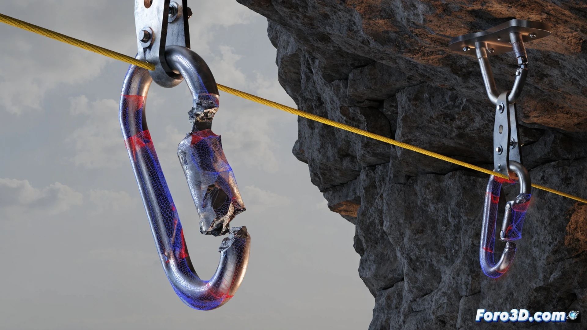 cinematic forensic engineering scene of a fractured carabiner from a zipline accident, high-speed dynamic loading causing cyclic bending fatigue crack propagation, 3D photogrammetry scan data reconstructing the broken metal surface, LS-DYNA finite element mesh overlay showing stress concentration at fracture origin, technical visualization with metallic orange and grey tones, ultra-detailed crack morphology, realistic wear marks, dramatic dark studio lighting, photorealistic engineering render
