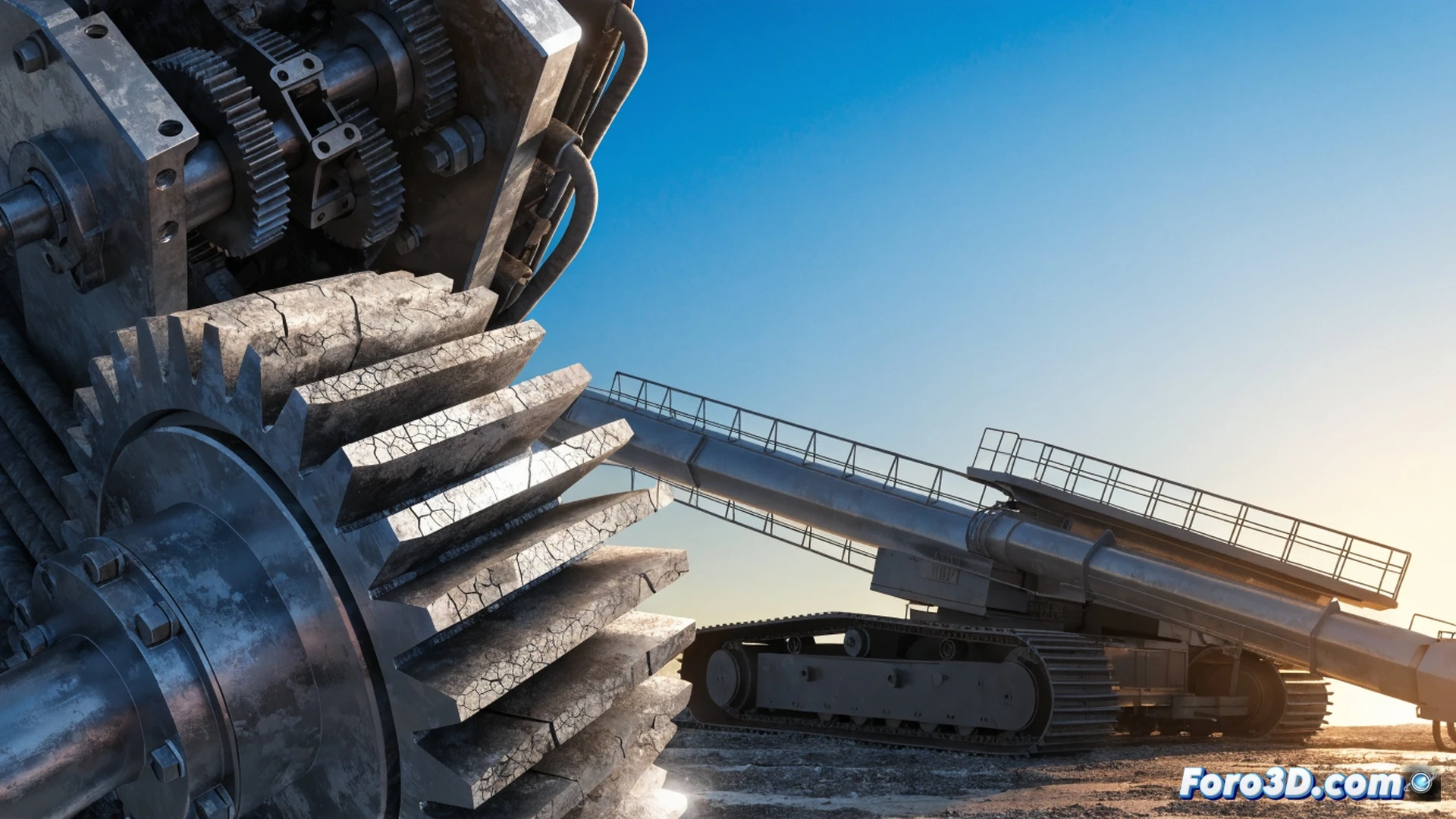Large crawler crane tipping over during rotation, massive ring gear teeth with visible fatigue cracks and worn tooth flanks, broken drive pinion fragments scattered on ground, 3D scanning equipment with Artec Studio interface projected nearby, Simpack simulation overlay showing stress concentration zones in red, crane boom collapsing sideways, dust cloud rising, steel tracks lifting off ground, cinematic engineering visualization, dramatic low-angle shot, metallic surfaces with realistic wear patterns, industrial orange paint chipping, ultra-detailed mechanical failure documentation, photorealistic technical render