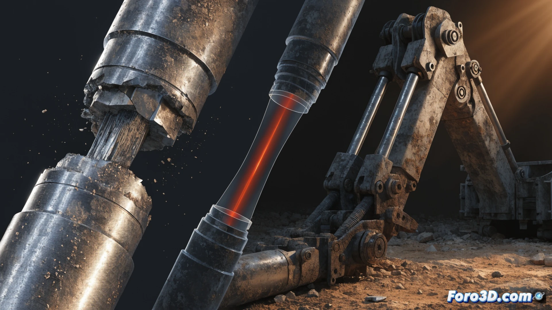 Photorealistic technical illustration of a forensic reconstruction scene, articulated crane central axle fracture analysis, cracked steel shaft surface showing fatigue striations under scanning electron microscope, 3D photogrammetry point cloud floating around the broken component, finite element simulation heatmap overlay on the axle cross-section showing stress concentration zones, engineer inspecting the digital twin on a transparent holographic display, dramatic workshop lighting, ultra-detailed metallic fracture surfaces, cinematic engineering visualization