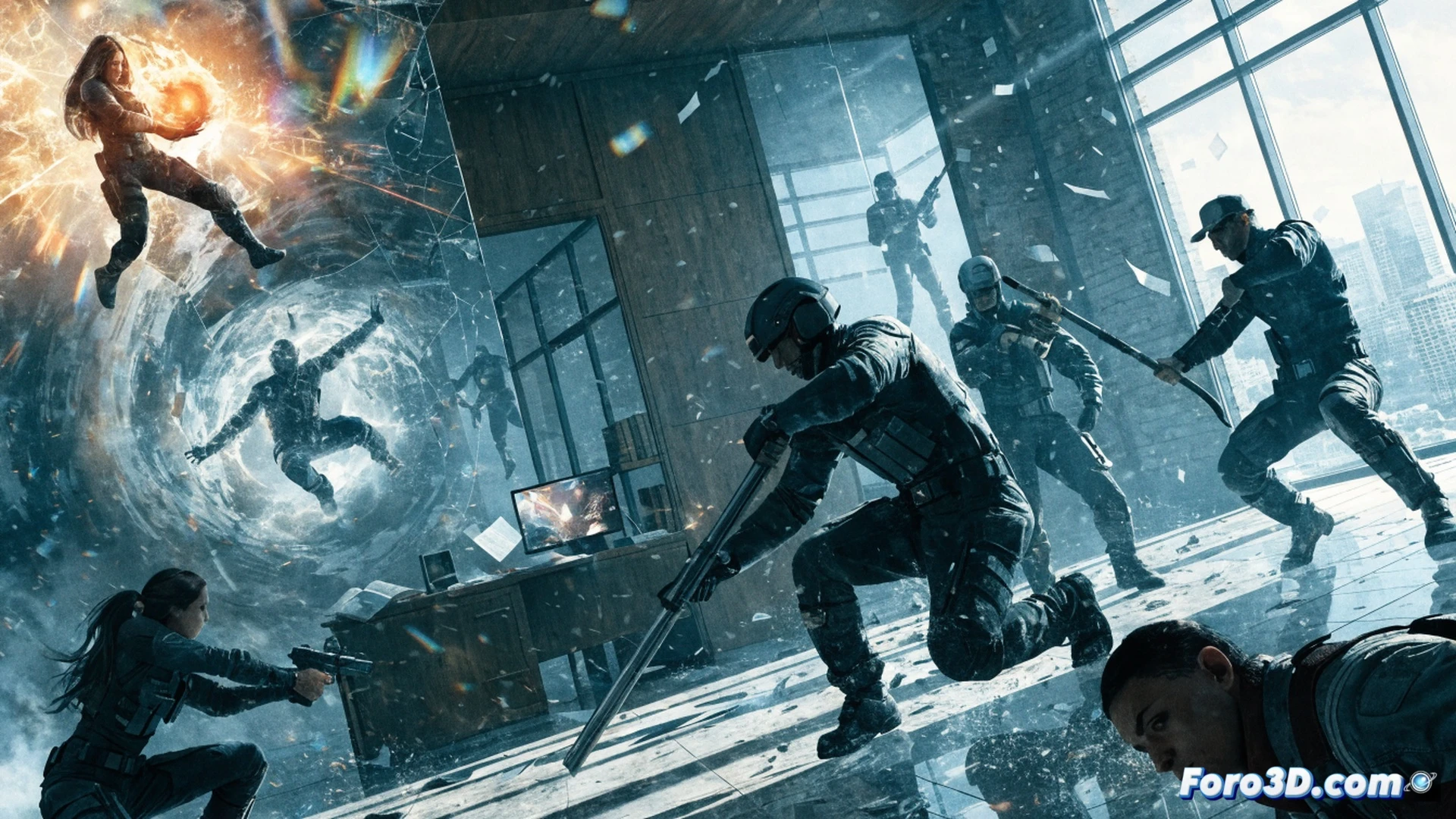 FBC Firebreak chaos multiplayer scene, three agents in tactical gear firing service weapons at a massive floating office desk warped by reality distortion, shattered glass and floating paper debris suspended mid-air, red warning lights pulsing on concrete walls, Northlight Engine reflections on polished floor showing distorted smoke trails, cinematic photorealistic technical visualization, dramatic high-contrast lighting, motion blur from rapid gunfire, particle effects of crumbling ceiling tiles, ultra-detailed office equipment disintegrating, dynamic destruction physics in progress