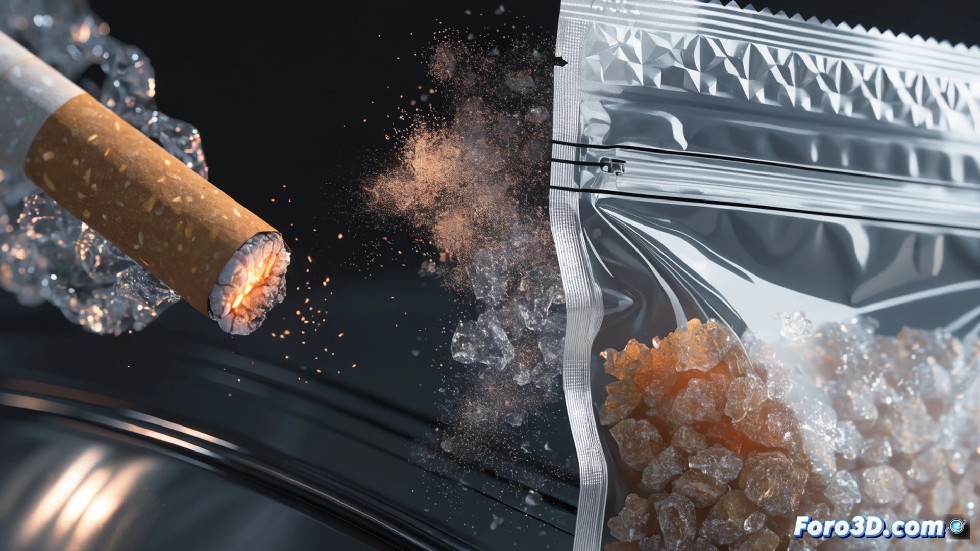 photomicrograph of a ZYN nicotine pouch being dissected by a precision scalpel on a sterile metallic lab surface, showing cross-section of porous cellulose fibers saturated with nicotine salts, adjacent to a burning cigarette with ash breaking off, smoke particles drifting upward, a magnifying glass hovering above highlighting the pouch internal structure, technical illustration style, cold blue-toned industrial lighting, ultra-sharp focus on material textures, clean scientific composition, photorealistic medical device visualization