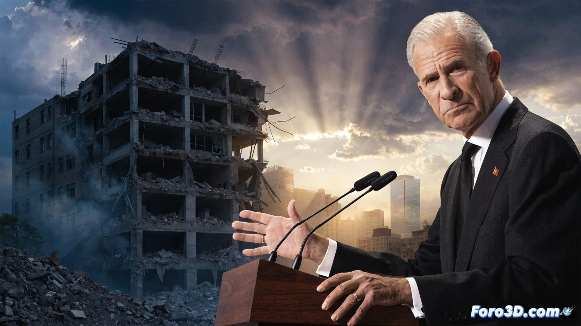 Photorealistic cinematic scene of a king in a dark suit standing at a wooden podium, holding a vintage microphone, speaking to an audience of journalists in a grand hall, a large glowing digital screen behind him showing a fractured map of Venezuela with earthquake epicenter lines and a rotating newspaper press cylinder, journalists typing on laptops with visible data graphs and newsfeed interfaces, warm stage lighting contrasting with cool blue screen glow, depth of field, technical illustration style, documentary photography aesthetic, metallic podium edge reflecting light, cables and audio equipment visible on stage floor.