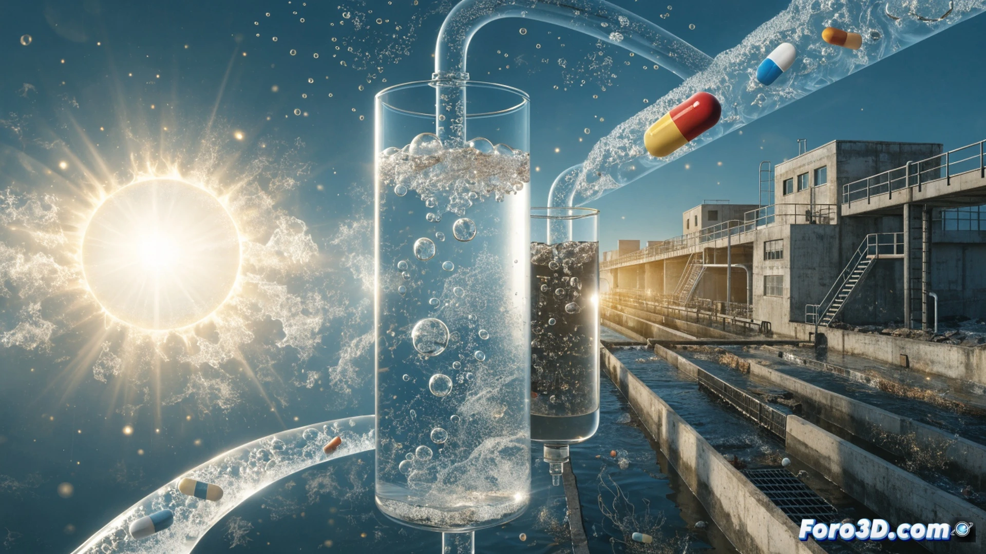 solar Fenton reaction in a glass photoreactor, iron salts and hydrogen peroxide mixing with wastewater under sunlight, hydroxyl radicals attacking pharmaceutical molecules breaking chemical bonds, UV light activating the process, bubbling solution with particle suspension, technical engineering visualization, realistic fluid dynamics, metallic reactor with quartz window, sunlight beams entering from above, molecular destruction shown as glowing fragmentation, photorealistic industrial lab setting, detailed chemical reaction in progress