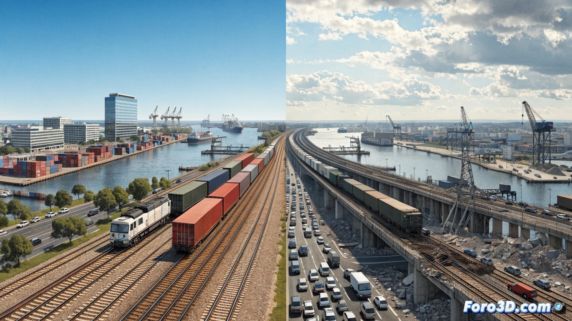 high angle view of freight train entering a congested railway junction near Barcelona port, two parallel tracks merging into a single bottleneck, container wagons and passenger commuter trains overlapping paths, construction workers installing new dual gauge tracks beside existing rails, cranes lifting concrete sleepers for track duplication, digital control panel displaying red warning signals and capacity overload indicators, photorealistic technical illustration, dramatic golden hour sunlight casting long shadows over industrial infrastructure, detailed rail switches and overhead catenary wires, motion blur on approaching trains, realistic engineering visualization