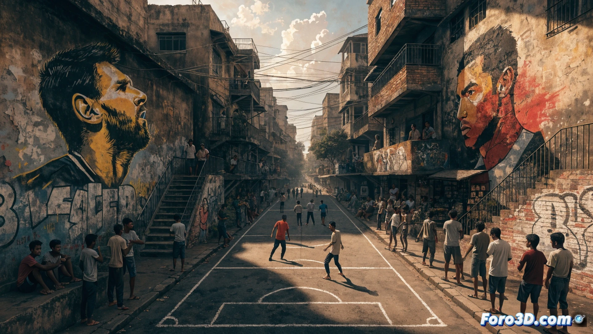 cinematic street scene in Kolkata s FIFA Gully, young football players in action mid-kick on narrow asphalt alley, worn football spinning in air with motion blur, surrounding brick walls covered in hand-painted Messi and Ronaldo murals with peeling paint and chalk outlines, broken goalpost made of bamboo and rope leaning against a wall, technical details of cracked concrete ground and dangling electrical wires overhead, dramatic low-angle sunlight casting long shadows, photorealistic documentary style, warm golden hour lighting, authentic urban texture, no text visible