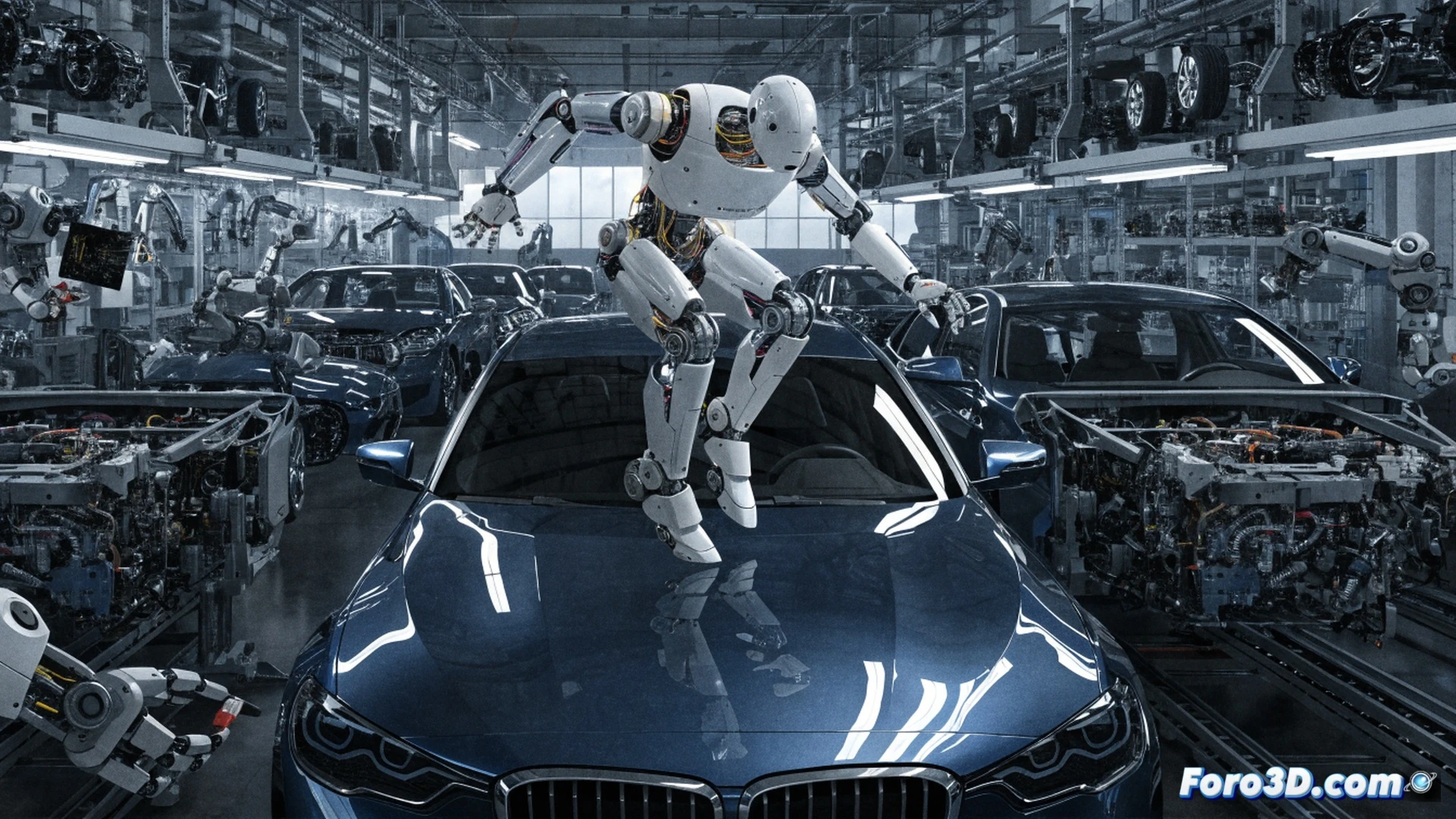 Figure 03 humanoide robot en planta BMW, brazo robótico metálico organizando piezas de automóvil en estantería industrial, proceso de ensamblaje automatizado, sensores láser y cámaras de visión integradas en el torso, engranajes y actuadores visibles en articulaciones, luces LED azules en el pecho indicando estado operativo, fondo con línea de montaje difuminada y carrocerías de vehículos, demostrando precisión durante la manipulación de componentes metálicos brillantes, estilo cinematográfico fotorrealista, iluminación industrial dramática, sombras nítidas, texturas metálicas detalladas, render técnico de ingeniería