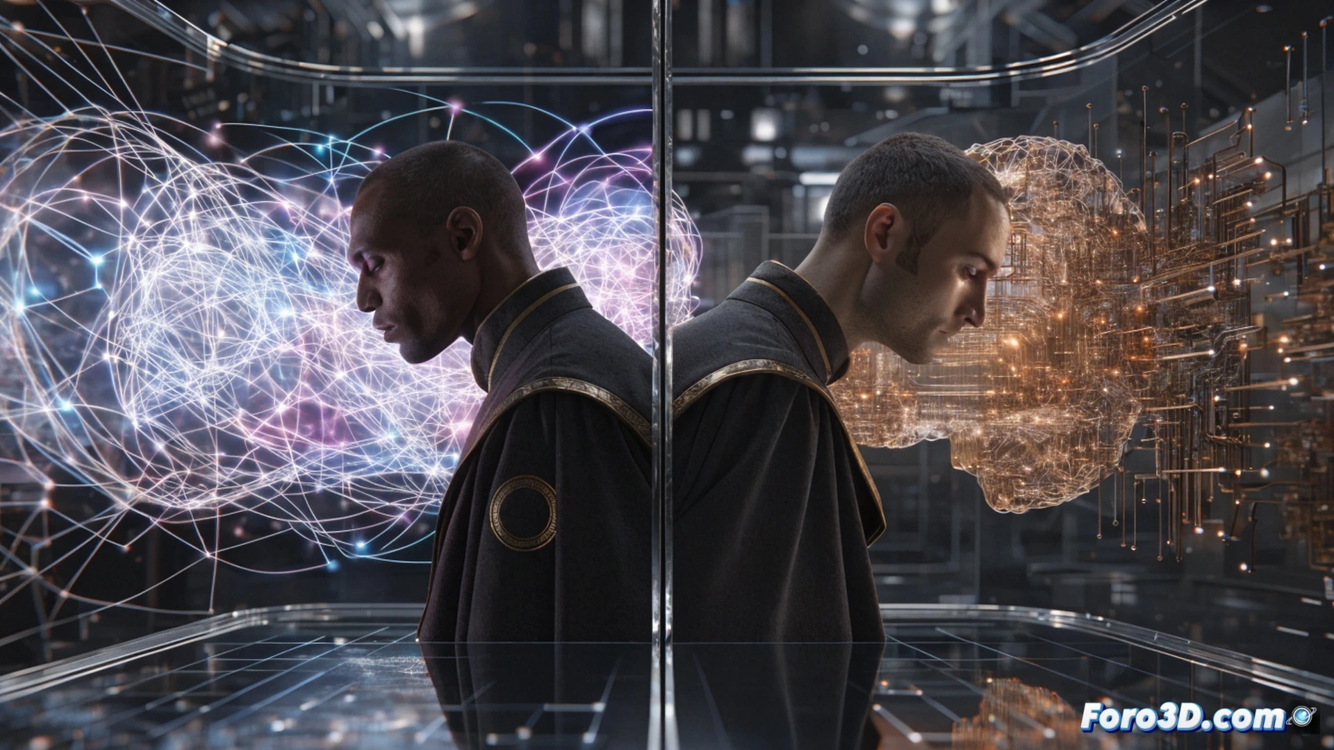 philosopher in a glass-walled AI lab pointing at a holographic logic tree, chatbot interface showing false data being flagged and corrected, glowing ethical decision pathways branching across a server rack, philosopher’s hand tracing a golden thread from ethics textbook to neural network layers, cinematic technical illustration, cool blue and amber light, photorealistic render, action of teaching and correcting visible