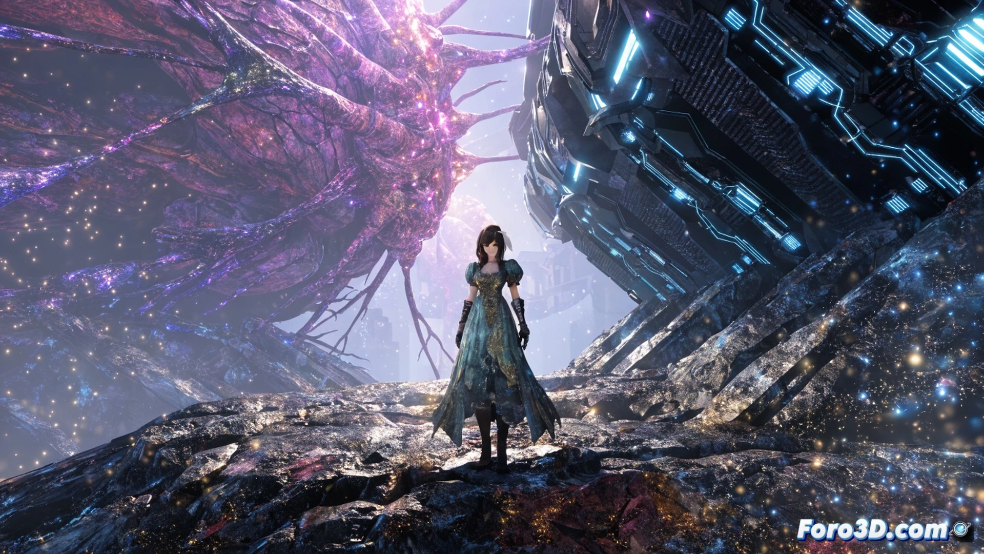 cinematic game engine debug view of Aerith Gainsborough character model glowing with resurrection data streams, floating above a cracked Midgar church floor, green materia particles swirling around her while a digital wireframe ghost of Sephiroth fades behind her, Unreal Engine 5 interface panels showing memory allocation and asset loading progress bars, photorealistic character rendering with soft god rays through stained glass, dramatic high-contrast lighting, hyperdetailed hair and dress physics simulation, technical visualization of character rigging and particle effects