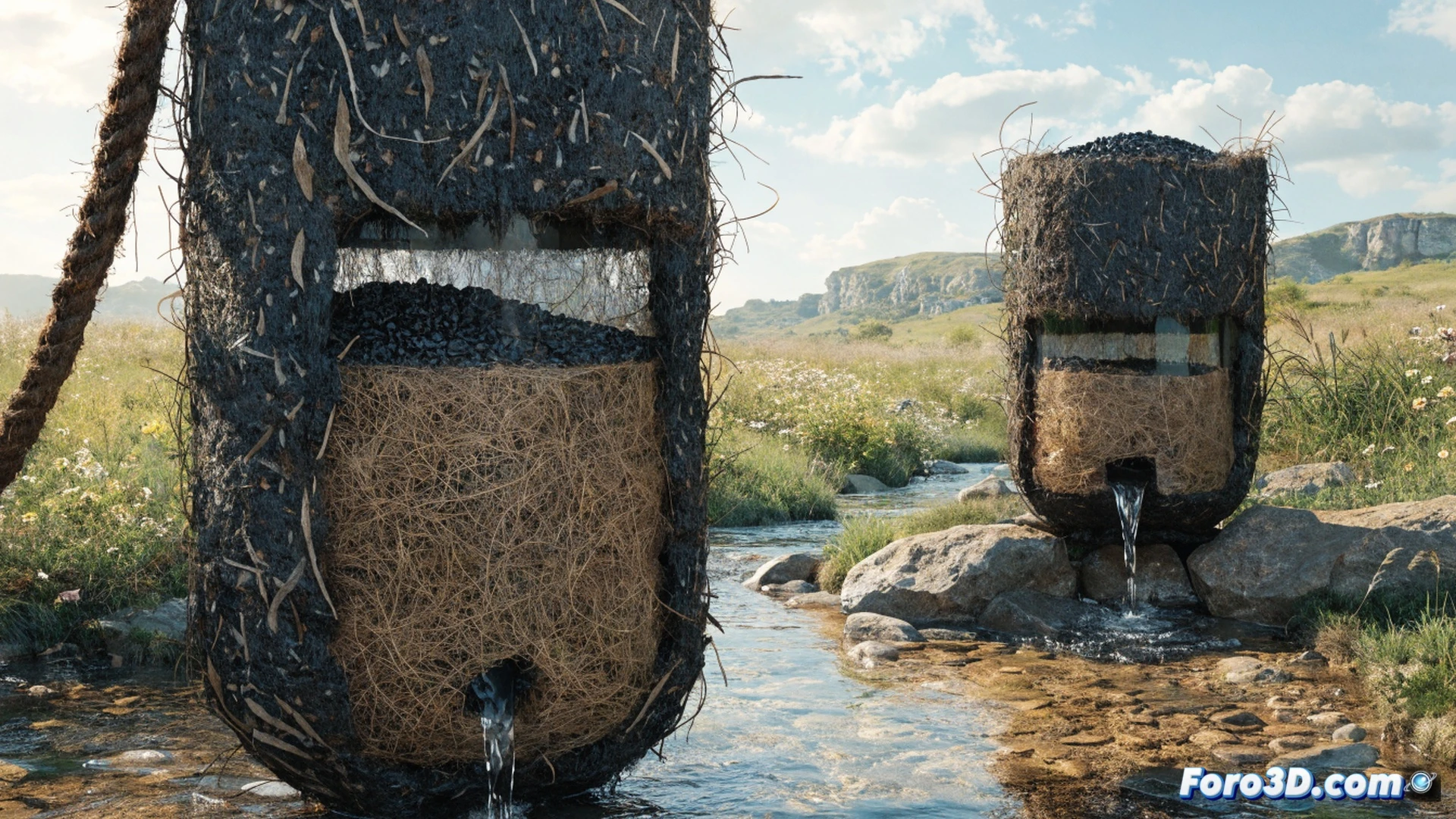 cross-section diagram of a water filtration system using carbonized coconut fiber membranes, rural household setting, contaminated water flowing from a clay pot through a cylindrical filter column, activated coconut charcoal particles trapping pesticide molecules and heavy metal ions, visible purification process with clean water dripping into a clear glass container below, technical illustration style, detailed cutaway view showing porous fiber structure, layered filtration media, microscopic contaminants being captured, soft natural lighting from a window, realistic textures of coconut husk and ceramic filter housing, educational engineering visualization, photorealistic technical render