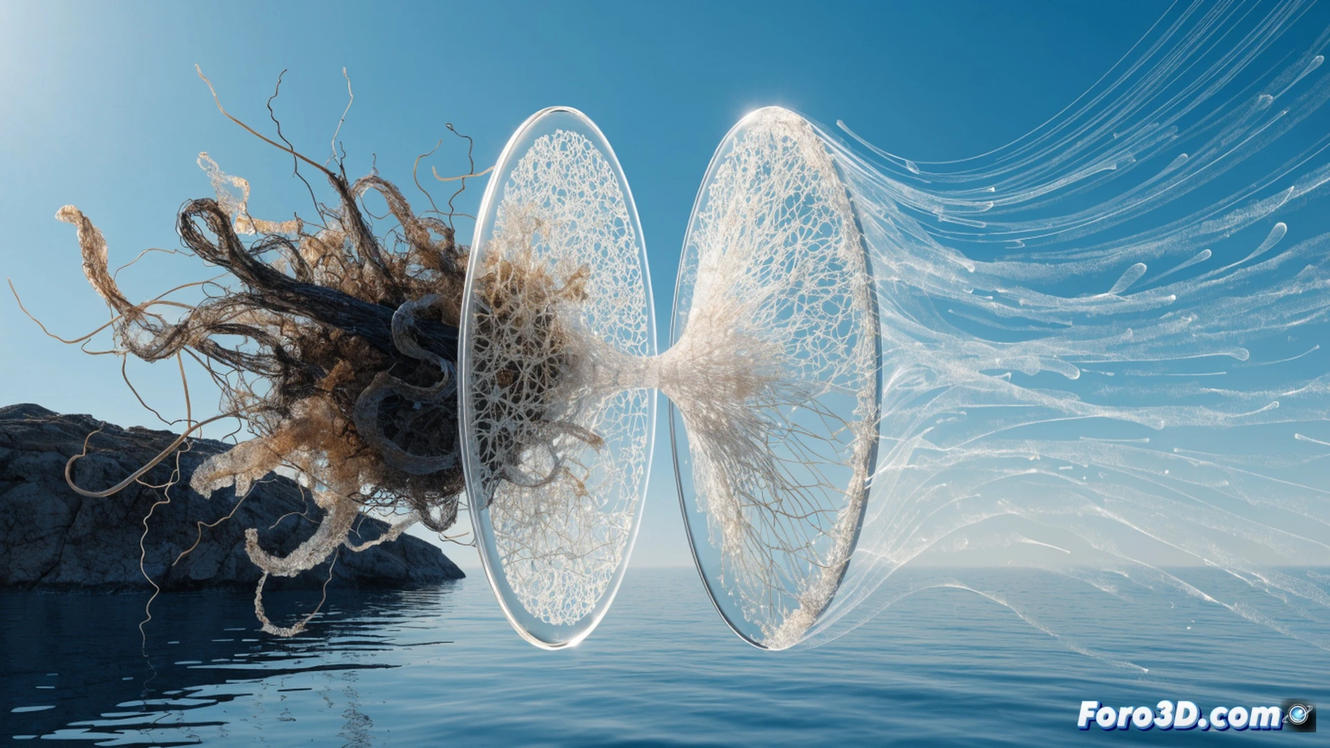 close-up of a cross-sectioned nanofiber filter membrane, shrimp shell fragments transforming into microscopic white fibers during an electrospinning process, glowing blue airflow lines passing through the porous structure while dark ultrafine pollutant particles are trapped on the surface, high-contrast laboratory lighting, scanning electron microscope aesthetic, photorealistic technical illustration, industrial ventilation duct visible in blurred background, minimal resistance indicated by smooth air trajectories