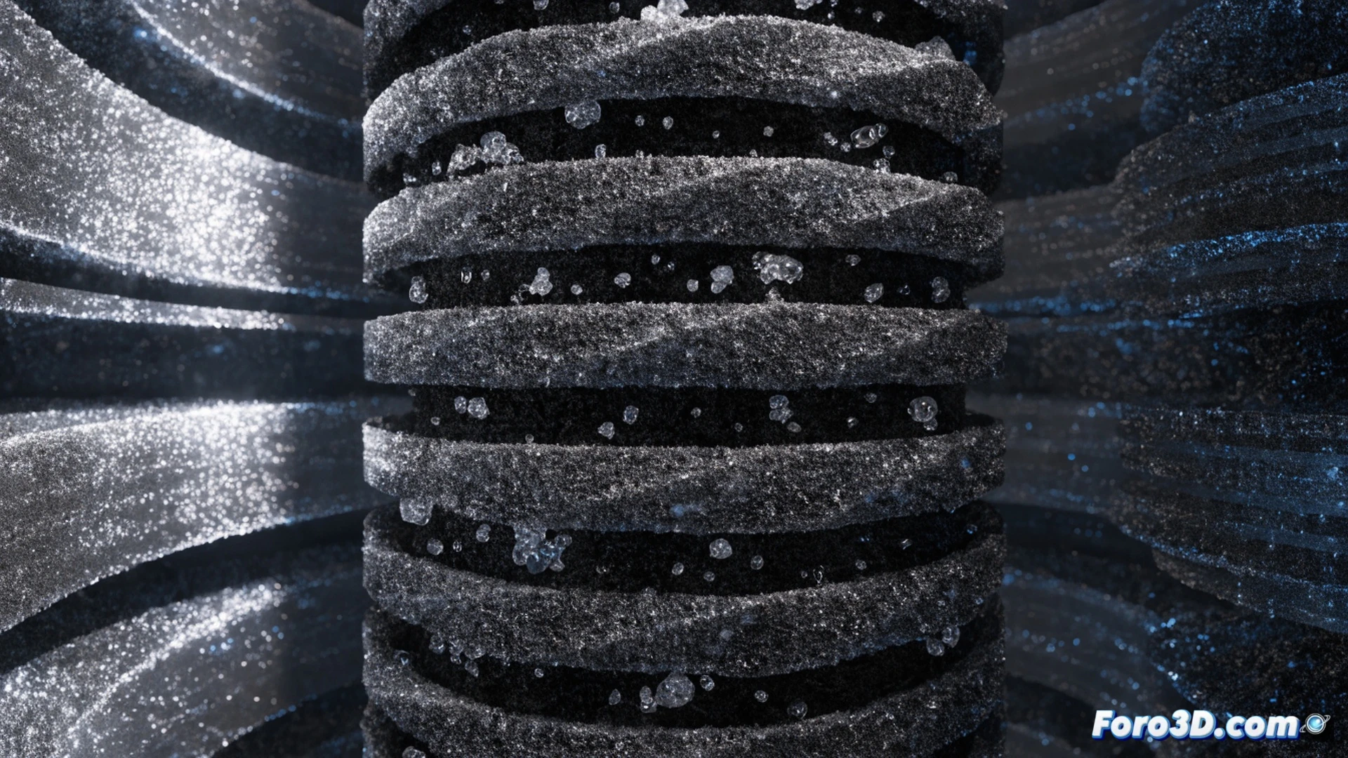 cross-section of a water filter device showing stacked layers of fluorinated graphene oxide membranes, blue contaminated water entering from top with glowing PFAS molecules being trapped between membrane sheets while clear water flows out rapidly below, microscopic view of graphene layers interlocking with fluorinated edges capturing chemical chains, photorealistic technical illustration, cinematic lighting with cool blue tones contrasting warm amber contaminants, ultra-detailed membrane nanostructure, dynamic water flow arrows showing high-speed filtration process, engineering visualization style, transparent casing revealing internal mechanism
