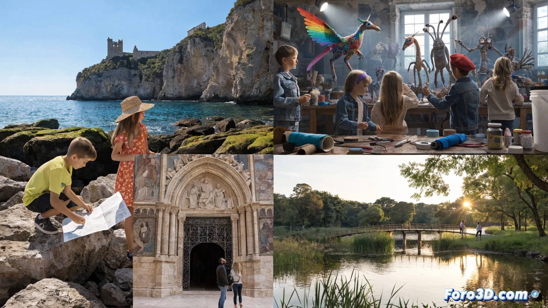 families exploring a medieval stone courtyard in Mallorca, children holding treasure maps while searching near ancient archways, parents pointing at a hidden fountain, a workshop table with paper dragon sculptures and colored pencils, sunlight streaming through wrought-iron gates, open palace doors revealing grand halls, cinematic photorealistic illustration, warm Mediterranean golden hour lighting, detailed stone textures, joyful candid action, family-oriented scene with clear adventure and creativity elements