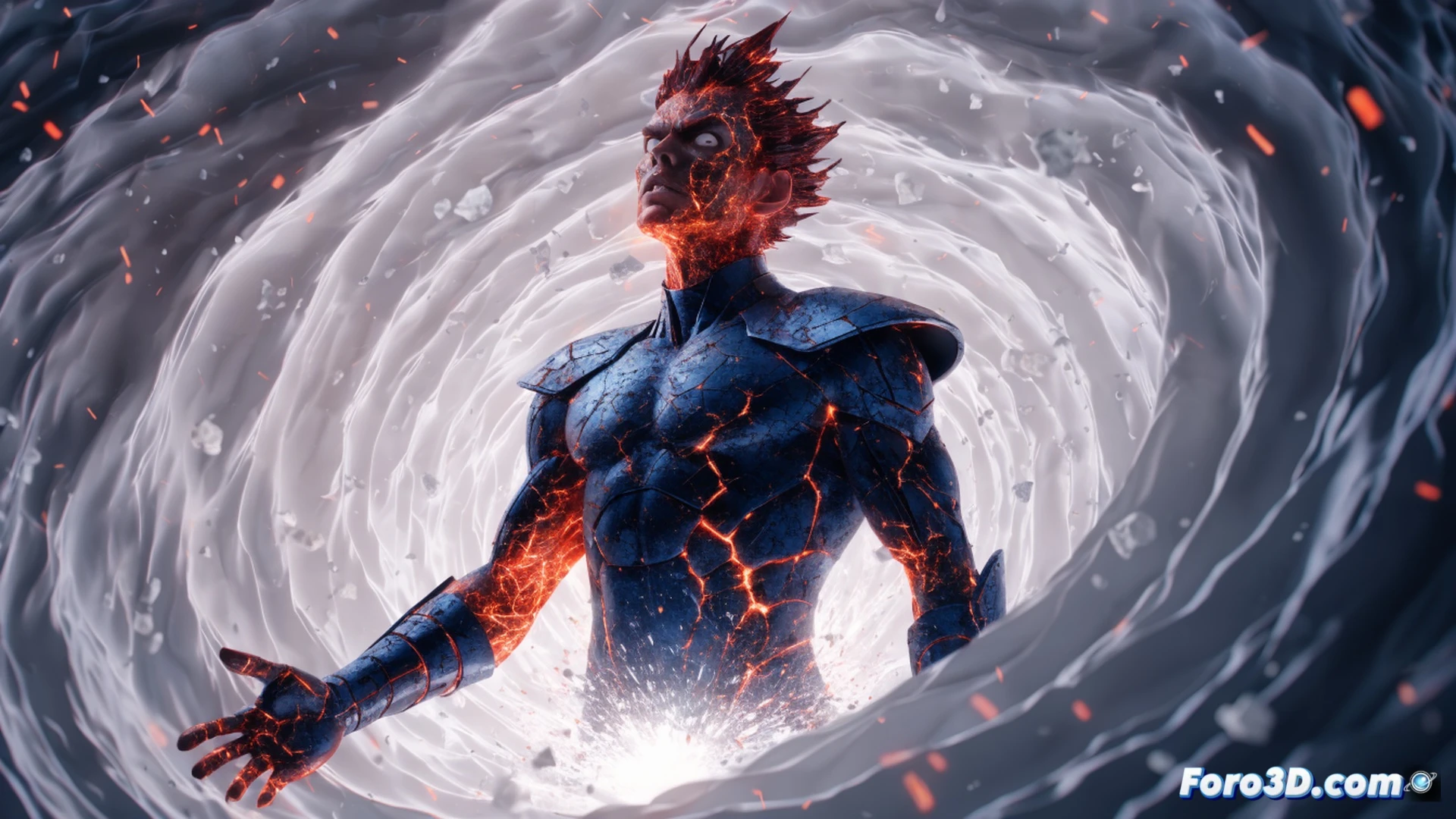 alien superhero floating in dark space, orange and red flames erupting from his body while his costume fades to cold grey ash, glowing embers detaching from his arms and dissolving into void, cinematic comic book style, dramatic contrast between bright fire and black emptiness, dynamic pose with arms outstretched, motion blur on fading flames, photorealistic superhero render, volumetric lighting on smoke trails, ultra-detailed skin texture with cracked lava-like patterns, dark cosmic background with distant stars