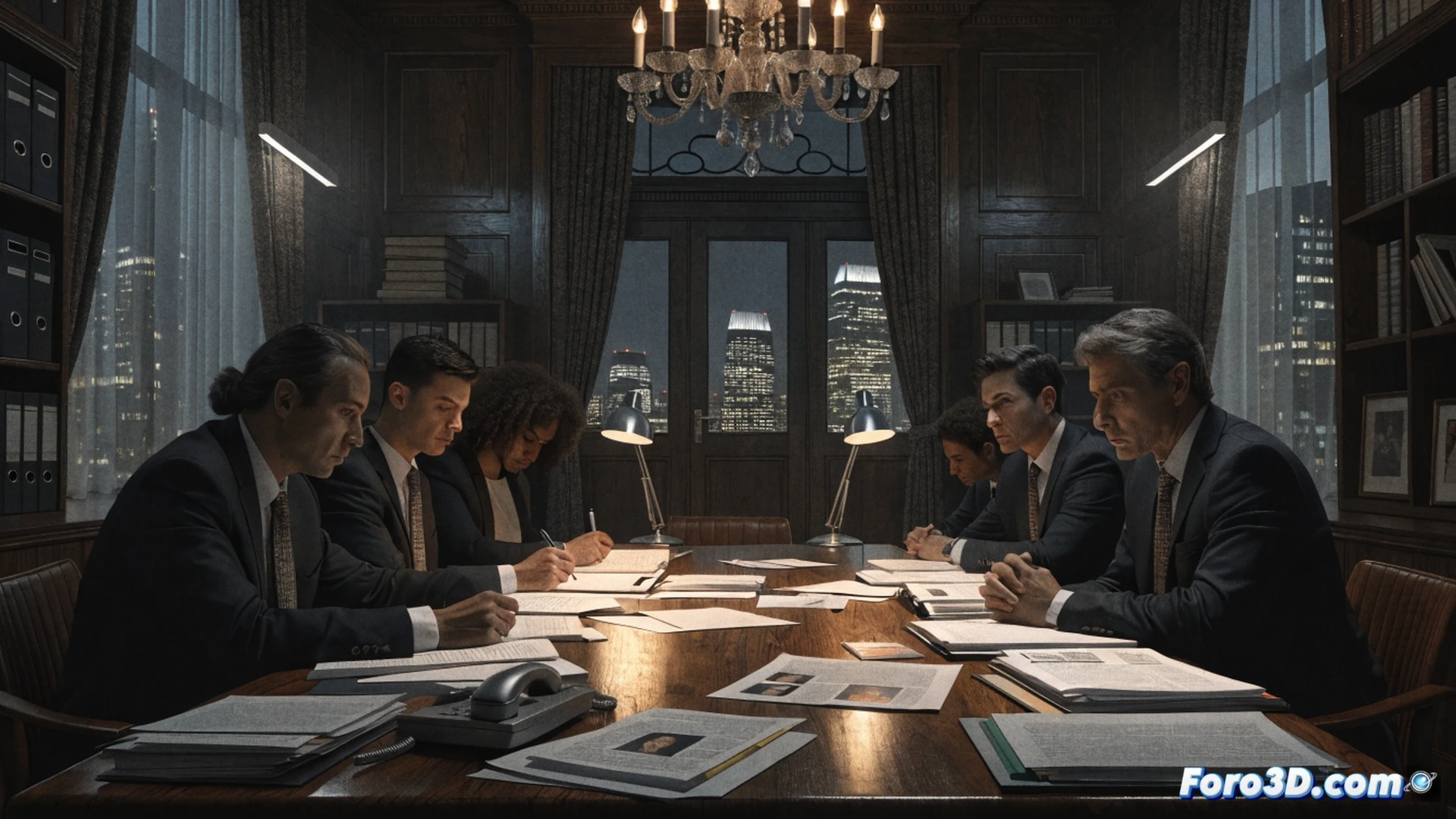 Three prosecutors in dark suits huddle around a mahogany conference table inside a government office, one sliding a folder labeled CASO into a briefcase while another points at a laptop screen showing a partially deleted digital evidence file, a third whispers while clicking a mouse over a hidden network drive icon, surveillance cameras on the ceiling cast shadows, a scale of justice statue on the shelf is tipped sideways, dust motes in harsh fluorescent light, photorealistic cinematic style, tense atmosphere, muted gray and blue tones, hyper-detailed textures on leather chairs and wood grain, dramatic chiaroscuro lighting, documentary-style composition showing institutional betrayal.