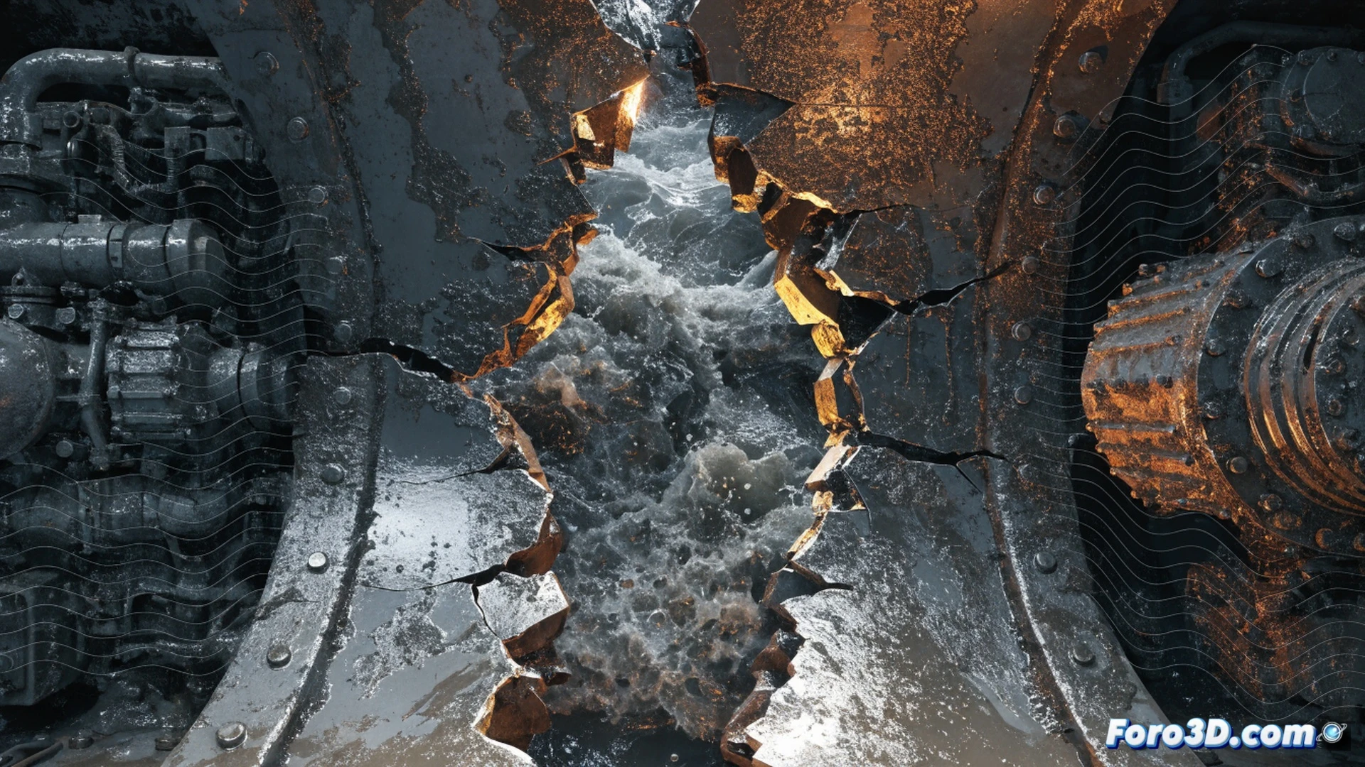 cross-section of a ship hull bulkhead showing a fatigue crack originating from a welded joint, vibration waves from a diesel engine propagating through the steel structure, highlighted stress concentration zones with glowing orange lines, 3D pipeline simulation interface visible on a nearby monitor displaying crack growth data, welding slag and micro-fractures along the failed seam, technical engineering visualization, realistic metallic surfaces with corrosion patches, blue and amber industrial lighting, ultra-detailed mechanical components, cinematic photorealistic render