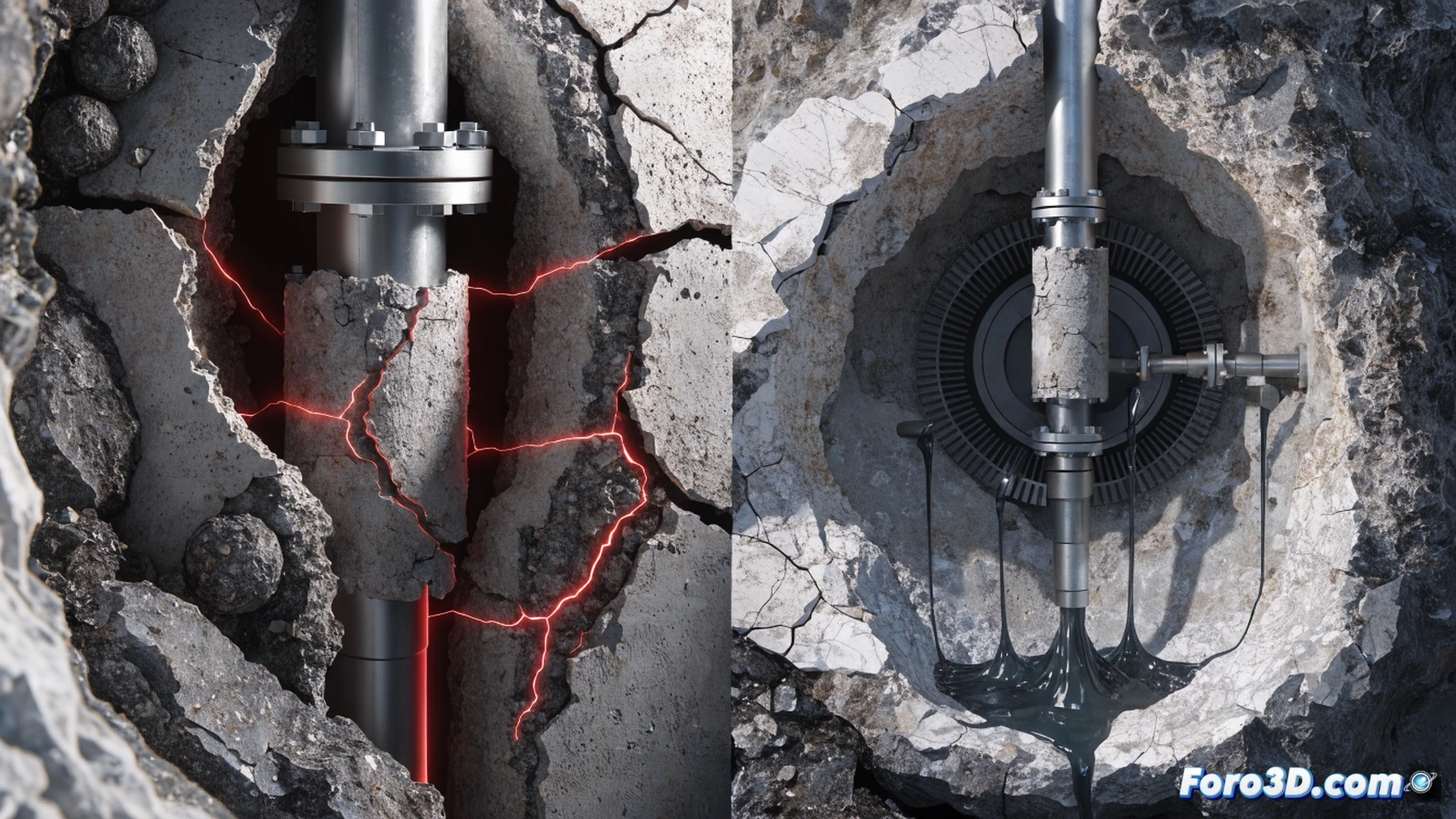 cross-section of a gas well bore showing cement sheath failure, cyclic pressure waves indicated by red and blue arrows penetrating the cement, micro-fractures propagating from the casing outward, gas bubbles escaping through cracks into surrounding rock layers, engineering visualization with cutaway view, metallic casing with corrosion spots, layered geological strata, realistic industrial lighting, high-contrast shadows, photorealistic technical illustration, detailed material textures, stress concentration zones highlighted in orange