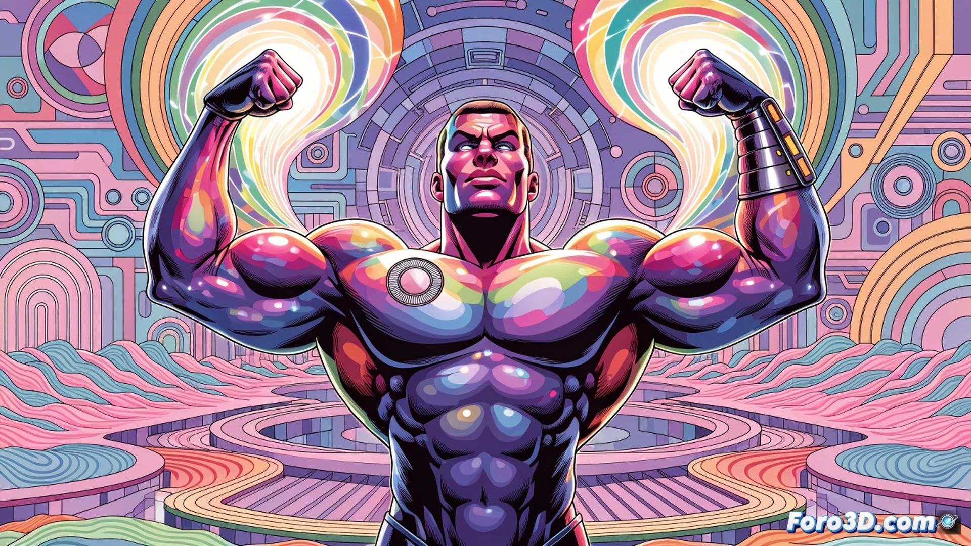 muscular superhero flexing biceps in a comic book art studio, reality bending distortion waves radiating from his arm muscles, vintage 90s comic pages scattered on a drafting table, old Macintosh computer displaying Doom Patrol artwork, ink bottles and technical pens on desk, psychedelic color halos around his flexing pose, cinematic comic book style, dramatic spotlight from above, dust particles floating in light beams, retro pop art aesthetic, ultra-detailed muscle anatomy, glowing energy lines tracing his arm contours, photorealistic mixed media render