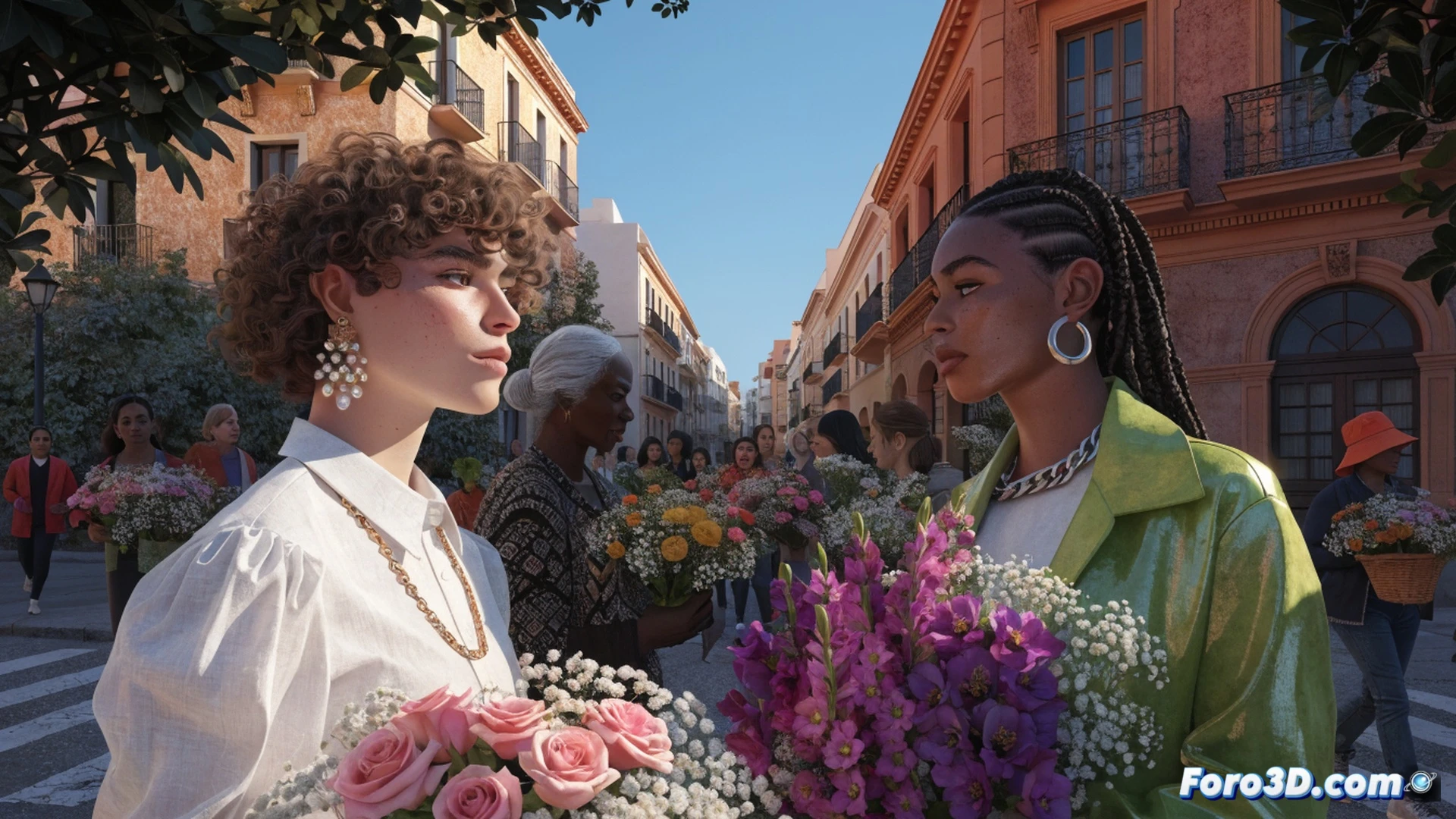 Vecinos de Gavira reunidos en una plaza pública durante un acto comunitario al aire libre, personas de diferentes edades sosteniendo flores de colores mientras las colocan en maceteros urbanos y jardineras, manos entregando ramos a otros vecinos en un gesto de colaboración, fondo con fachadas de casas y farolas, luz natural de atardecer cálido, estilo cinematográfico fotorrealista, texturas detalladas en pétalos y hojas, expresión de sonrisas y conversación entre el grupo, composición amplia mostrando el proceso de embellecimiento colectivo
