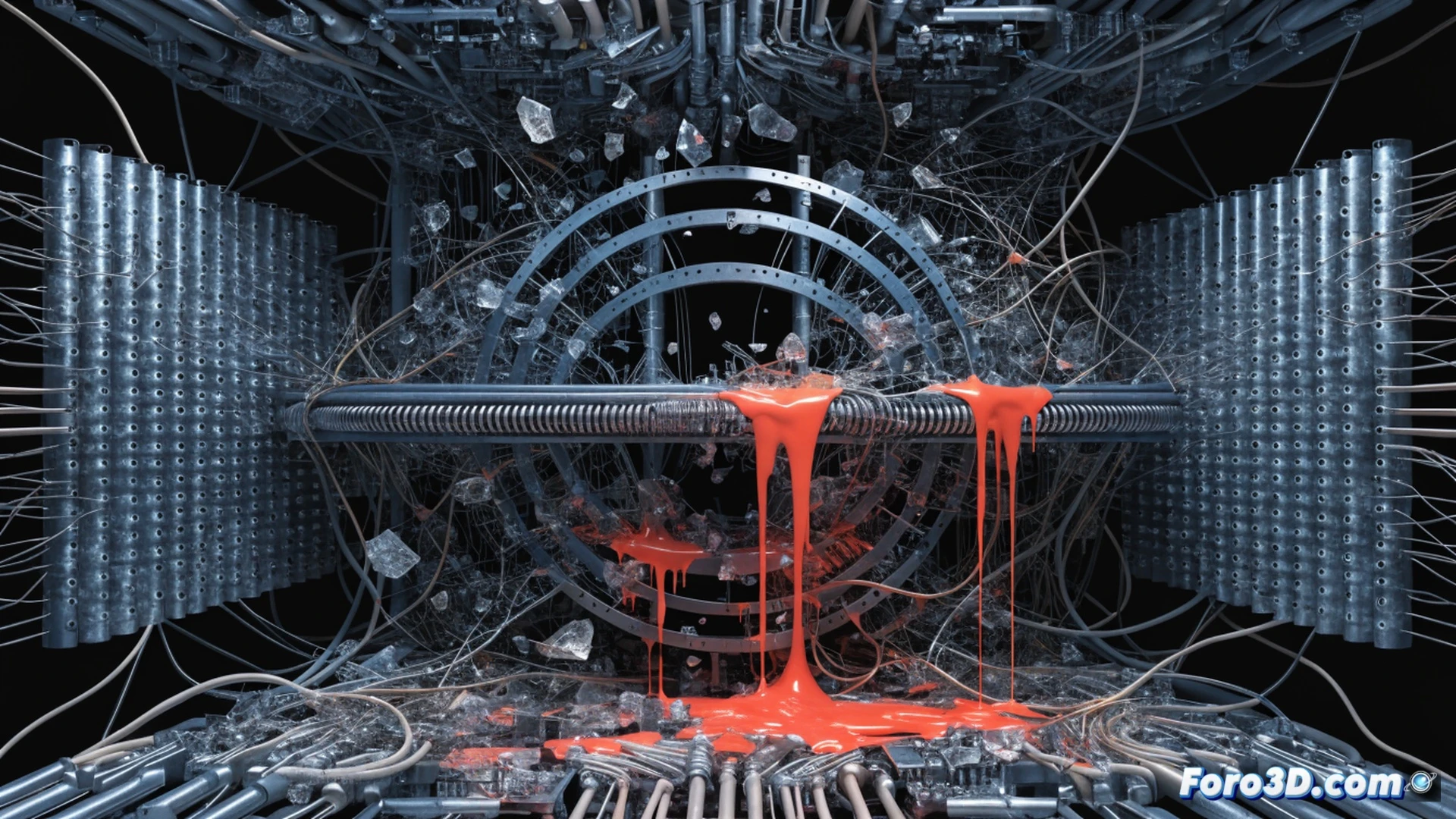 financial data center interior during market crash, glowing server racks with red warning indicators, falling stock ticker symbols projected on holographic screens above collapsing BDC loan portfolio charts, fiber optic cables snapping under tension, cooling pipes leaking condensation onto overheating hardware, cinematic technical illustration, dramatic low-angle shot, metallic surfaces reflecting chaotic red and amber light, dust particles suspended in emergency lighting, photorealistic engineering visualization, hyperdetailed circuit board textures, motion blur on cascading data streams