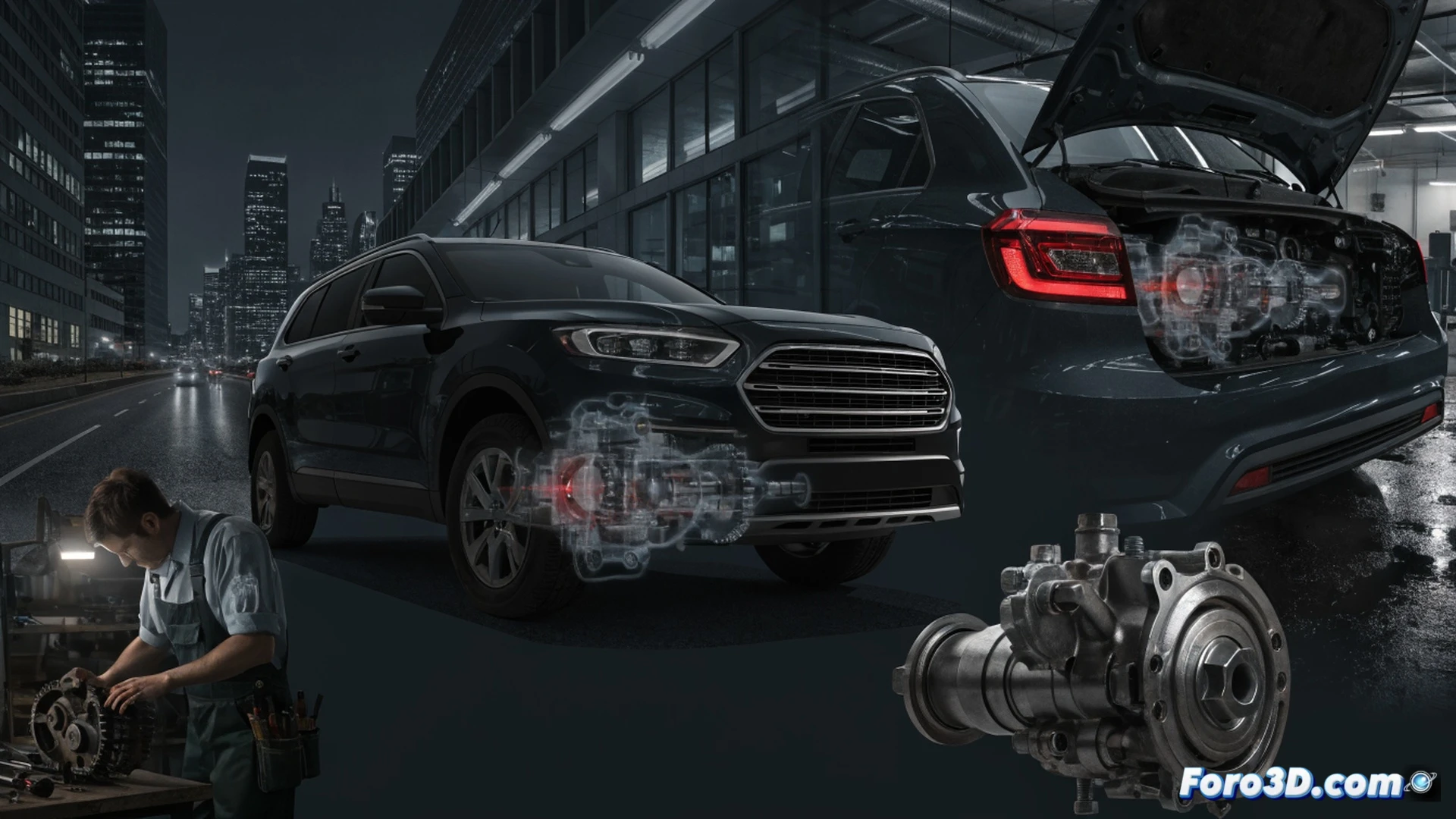 Ford Kuga transmission cross-section cutaway, technician inspecting faulty valve body assembly under bright workshop LED lights, oil drip visible from cracked hydraulic solenoid, gear selector in park position while wheels slowly rotate, diagnostic tablet showing transmission error codes, photorealistic engineering visualization, metallic gear teeth partially submerged in amber transmission fluid, dramatic side lighting highlighting mechanical failure, ultra-detailed metal surfaces with subtle oil sheen, cinematic technical illustration style