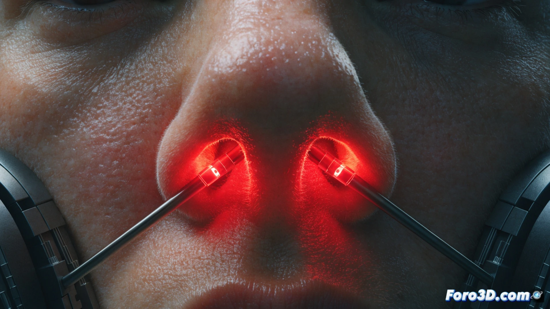 Close-up view of red LED light applicators positioned inside human nasal passages during intranasal photobiomodulation procedure, microcirculation blood flow in brain capillaries being stimulated by photon energy, glowing red light paths traveling through nasal cavity towards frontal cortex, photorealistic medical illustration style, anatomical cross-section showing nasal cavity and brain tissue, soft clinical lighting, high detail on applicator tips and mucosal tissue, technical medical visualization with precise anatomical accuracy, dark background for contrast, professional medical render quality