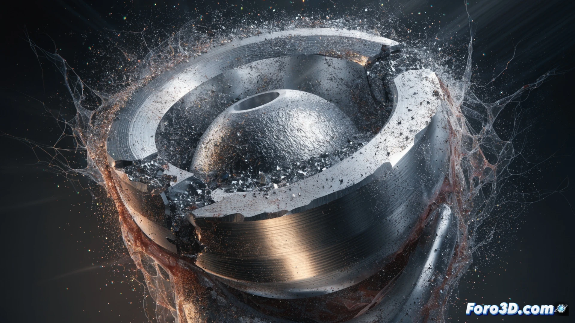 Cross-section of failed metal-on-metal hip implant showing misaligned acetabular cup scraping against femoral head, wear particles shedding into surrounding tissue, engineers analyzing fracture surface with 3D metrology scanner and reverse engineering software interface, technical engineering visualization, cold metallic textures, dramatic side lighting highlighting micro-particle debris trails, ultra-detailed mechanical wear patterns, photorealistic medical illustration style