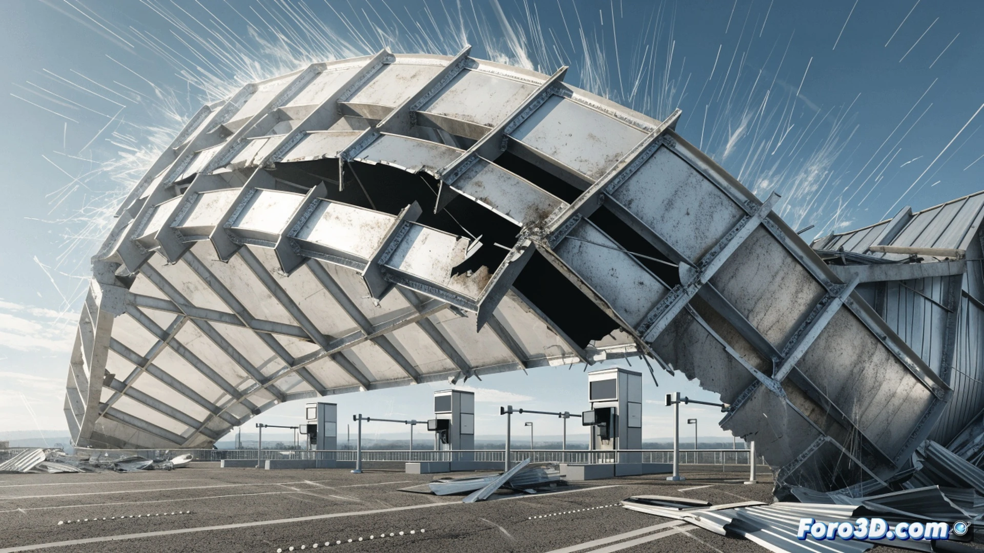 large automated toll booth steel gantry collapsing, welded joint fracturing under wind-induced vibration, gusty wind arrows striking the structure, fatigue cracks propagating through the weld zone, oscillating motion lines showing dynamic sway, broken bolts and twisted metal braces, concrete foundation with visible anchor failures, technical engineering visualization, photorealistic render, dramatic storm lighting, dark clouds background, metallic reflections, ultra-detailed fracture surface, structural analysis software interface overlay, measuring tools on ground, safety cones nearby, cinematic composition