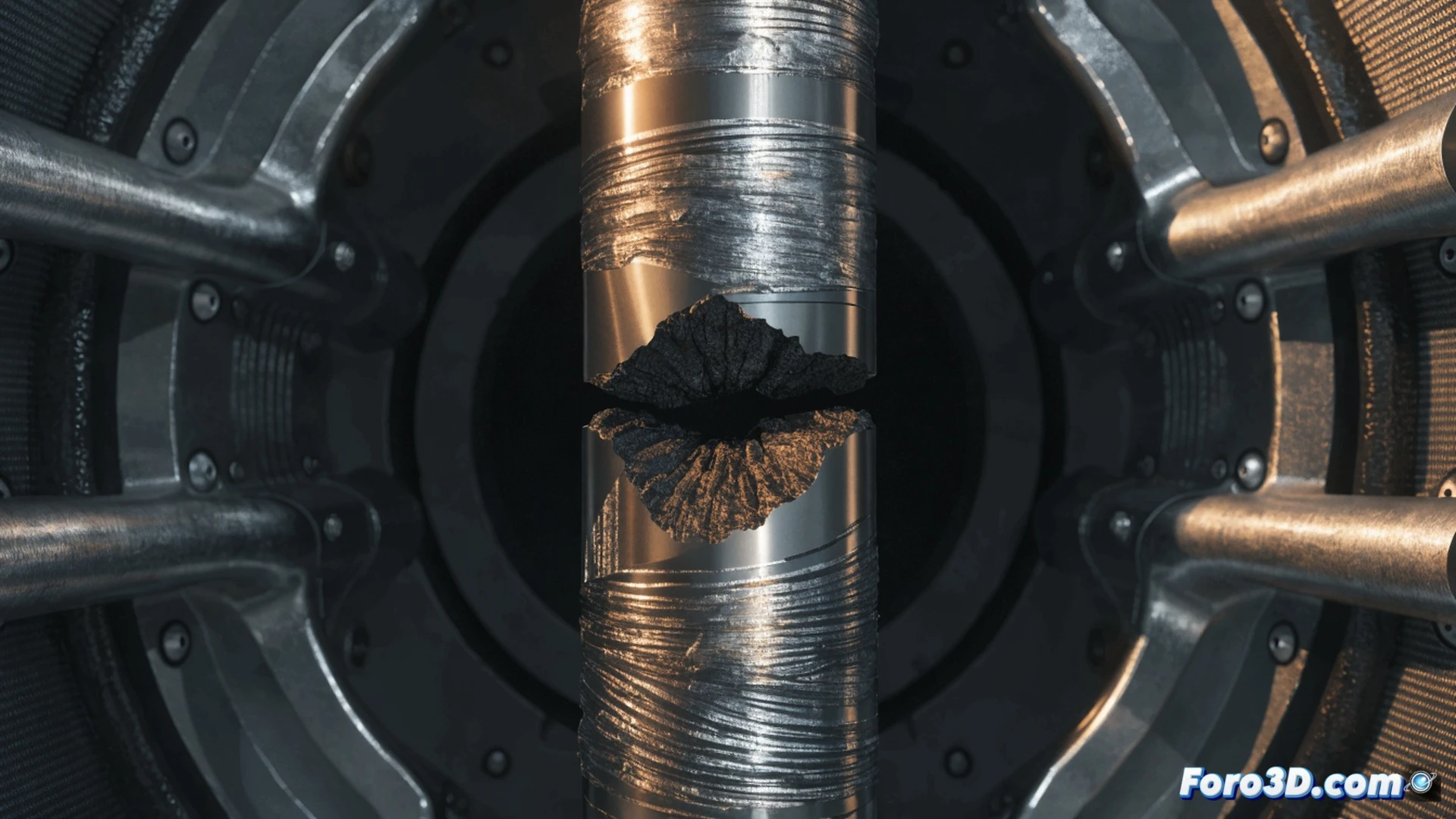 Close-up macro view of a fractured locking pin from a cargo door mechanism, crack propagation lines visible on the broken steel surface, fatigue striations under microscopic detail, pressurization test rig in background with cyclic pressure gauge showing fluctuating readings, metallic debris particles scattered near the fracture origin, engineering visualization style, cold blue industrial lighting, sharp depth of field emphasizing the brittle rupture zone, photorealistic technical render