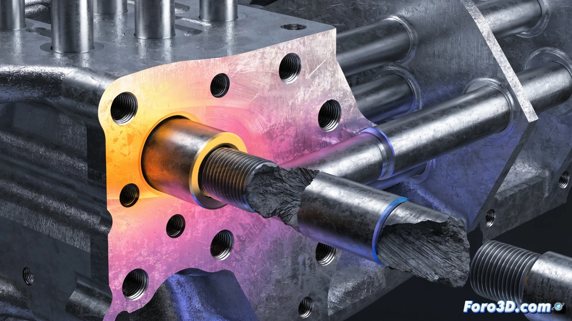 Engineering visualization of fractured aluminum block injection molding machine, main tie bar snapped at threaded stress concentration zone, broken steel fragments scattered on factory floor, SolidWorks 3D CAD model wireframe overlay floating above debris, Autodesk ReCap point cloud scanning process shown with blue laser grid projecting across fractured surface, fatigue crack propagation lines visible on cross-section, hydraulic clamping mechanism in background, cinematic industrial lighting with cool blue and warm orange contrast, photorealistic technical illustration, ultra-detailed metallic fracture surfaces, dramatic forensic examination scene