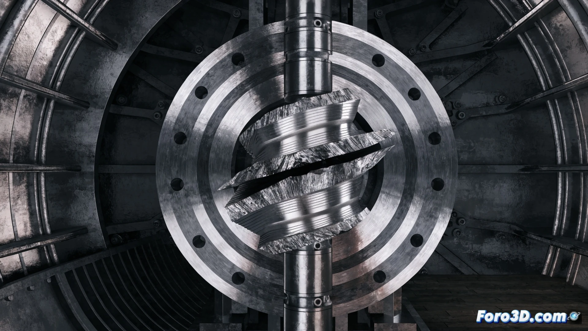 industrial esclusa rotatoria en sección transversal, engranaje central de acero fracturado por fatiga torsional, grieta helicoidal propagándose desde el chavetero del piñón, superficie de rotura con marcas de playa visibles, modelo 3D de escaneo láser Leica Cyclone superpuesto en semitransparencia, simulación multicuerpo Simpack mostrando vectores de par desiguales en rojo y azul, ingeniero analizando datos en monitor curvo, herramientas de inspección sobre mesa técnica, iluminación dramática con luces LED azules y naranjas, estilo fotorealista de visualización forense, detalle ultrarealista de metal rugoso y brillos especulares