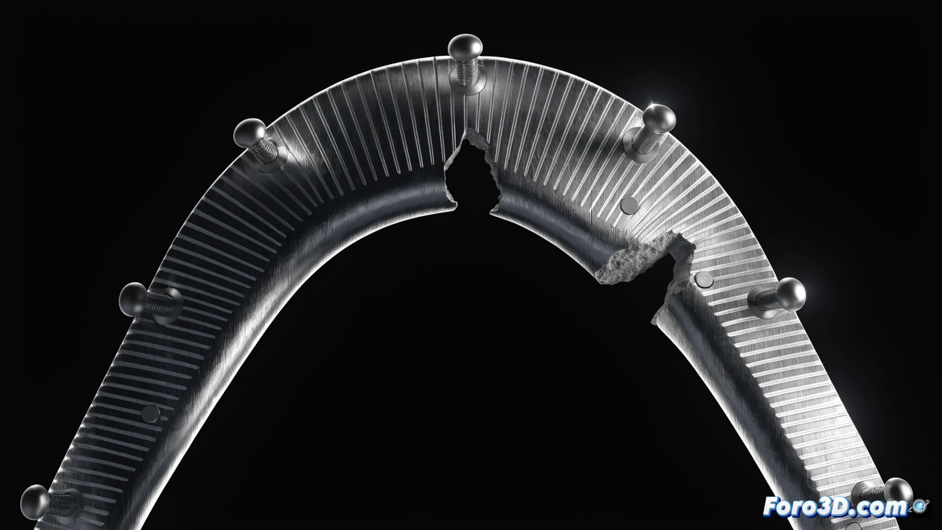 mandibular fixation plate undergoing cyclic bending stress fatigue test, surgical bending notch clearly visible on plate surface, crack initiation at the notch edge propagating through the metal, finite element analysis stress contours overlaid on the implant, red-hot stress concentration zone glowing at the notch, biomechanical testing machine grips holding both ends of the plate, metallic fracture surface showing striations, photorealistic engineering visualization, dark background with dramatic side lighting, ultra-detailed metal texture, crack branching patterns, industrial technical render