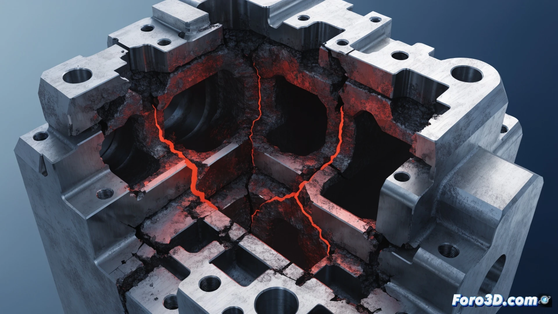cinematic photorealistic engineering visualization, cross-section view of a plastic injection hot runner manifold block, red-hot molten plastic flowing through internal channels while a catastrophic thermal fracture propagates through the metal structure, glowing stress lines radiating from the crack tip, heat discoloration zones around the failure point, thermocouple sensors embedded in the block showing temperature gradients, fractured surface revealing fatigue striations, dark industrial workshop background, dramatic orange and blue lighting highlighting the thermal stress, ultra-detailed metallic grain structure, realistic heat haze effect, technical illustration style