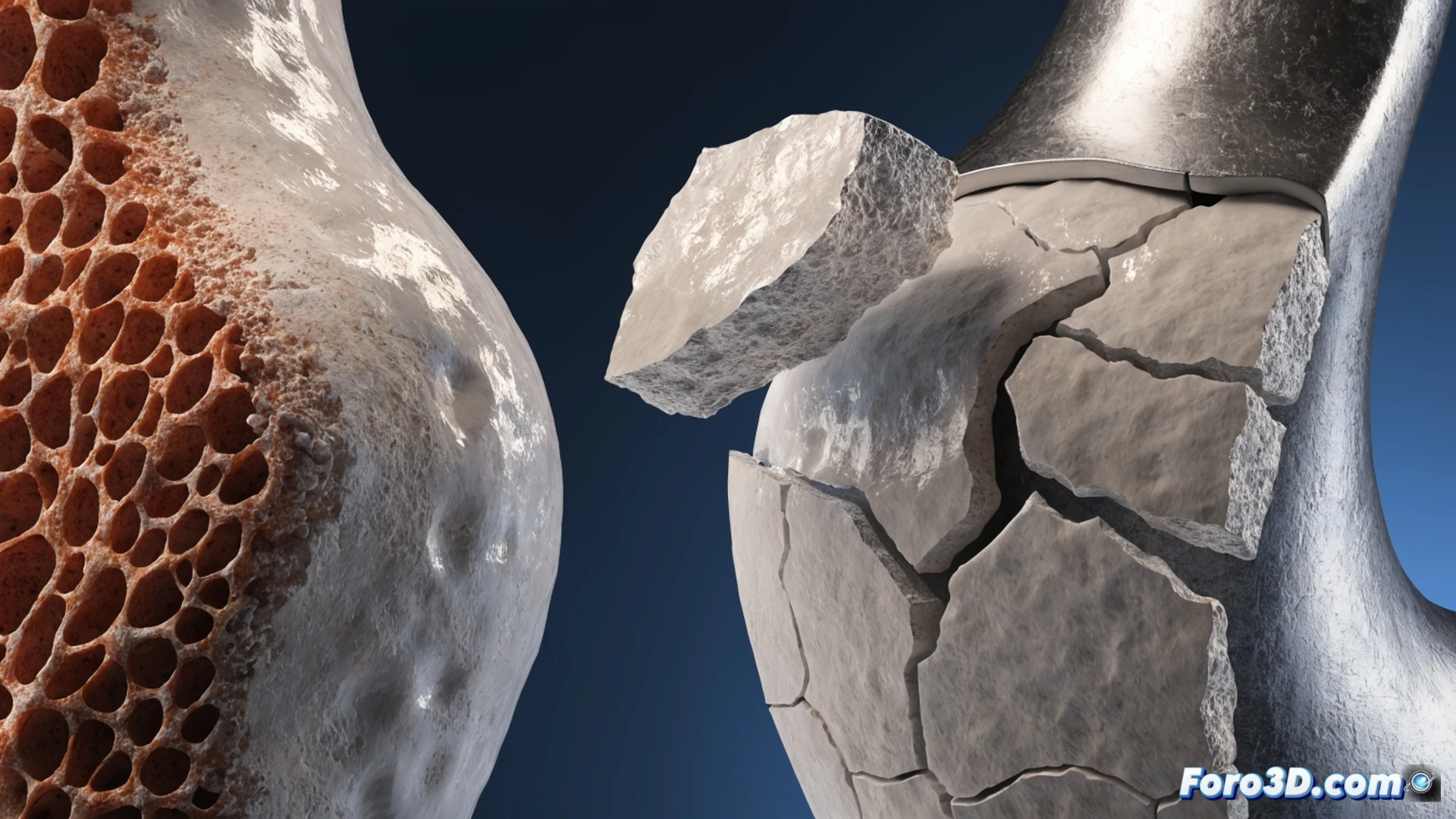 cemented unicompartmental knee prosthesis cross-section showing brittle fracture lines propagating through bone cement layer, metallic femoral component tilting away from tibial plateau during aseptic loosening, stress concentration zones highlighted with red thermal gradient overlay, digital reconstruction software interface visible in background with 3D bone model and load distribution analysis, surgical instruments including osteotome and cement removal tools arranged on sterile drape, photorealistic engineering visualization, clinical lighting with cool blue tones contrasting warm failure zones, ultra-detailed trabecular bone texture, sharp focus on crack propagation paths, technical illustration style with semi-transparent anatomical layers