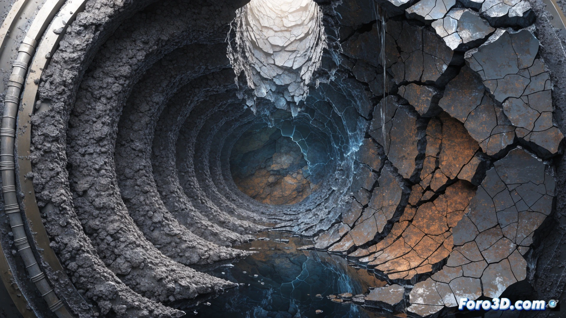 oil well cross-section showing cold seawater injection pipe entering hot geological formation, cement casing cracking under thermal stress, microfractures propagating radially from pipe contact point, arrows indicating cold fluid flow and hot rock interaction, pressure gauges showing loss readings, technical engineering illustration style, photorealistic materials, dramatic temperature gradient visualization using blue-to-red color mapping, cutaway view revealing layered rock strata and steel casing, realistic industrial lighting, ultra-detailed cement texture and fracture patterns