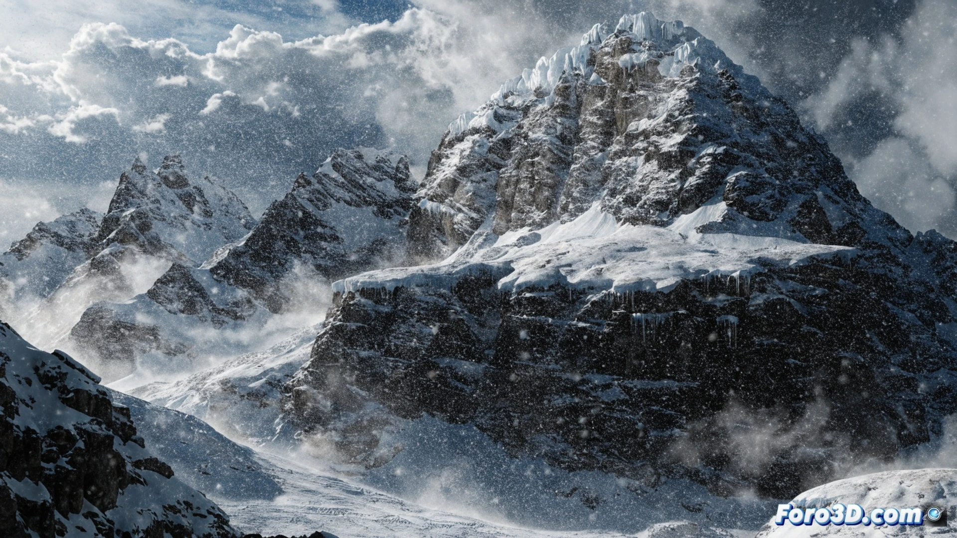 Framestore artistas digitales manipulando nodos de simulación en pantallas táctiles, mientras un modelo 3D de montaña nevada se renderiza en tiempo real, con partículas de tormenta de nieve interactuando con un escalador digital, estación de trabajo con monitores mostrando wireframes y texturas de roca, iluminación dramática de estudio, estilo cinematic photorealistic technical illustration, acción de proceso creativo, ultra-detallado.