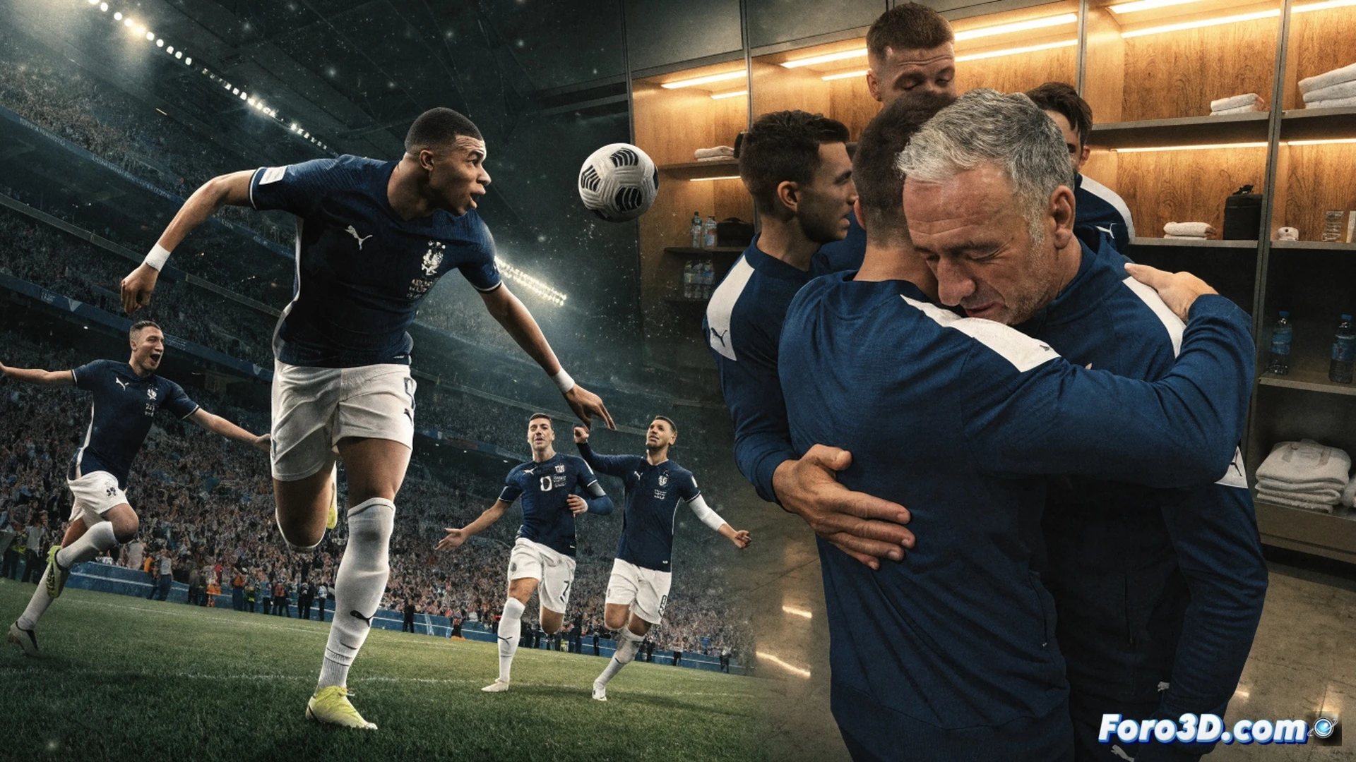 three football players in blue jerseys embracing a grey-haired coach on a grassy pitch during a night match, stadium floodlights casting dramatic shadows, Kylian Mbappé mid-stride with a ball at his feet in the foreground, sweat droplets and grass blades frozen in motion, high-speed action shot, cinematic photorealistic sports photography, Canon 70-200mm f2.8 lens effect, shallow depth of field with blurred stadium crowd, neon green pitch lines glowing under artificial light, ultra-detailed fabric wrinkles and muscle tension, emotional team unity gesture, technical sports visualization